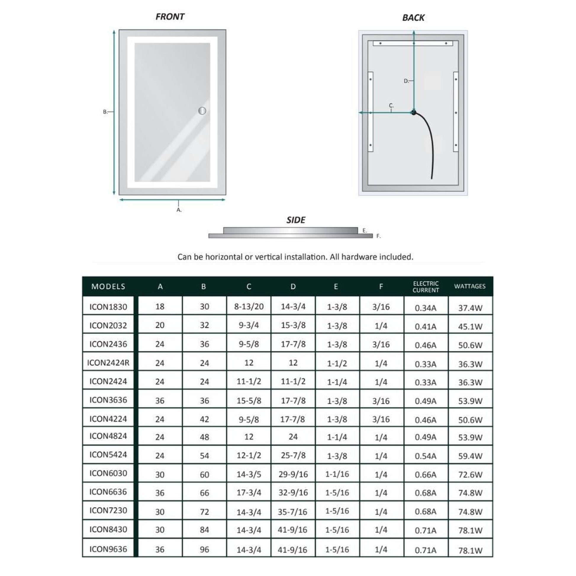 Krugg Reflections Icon 54" x 24" 5000K Rectangular Wall-Mounted Illuminated Silver Backed LED Mirror With Built-in Defogger and Touch Sensor On/Off Built-in Dimmer