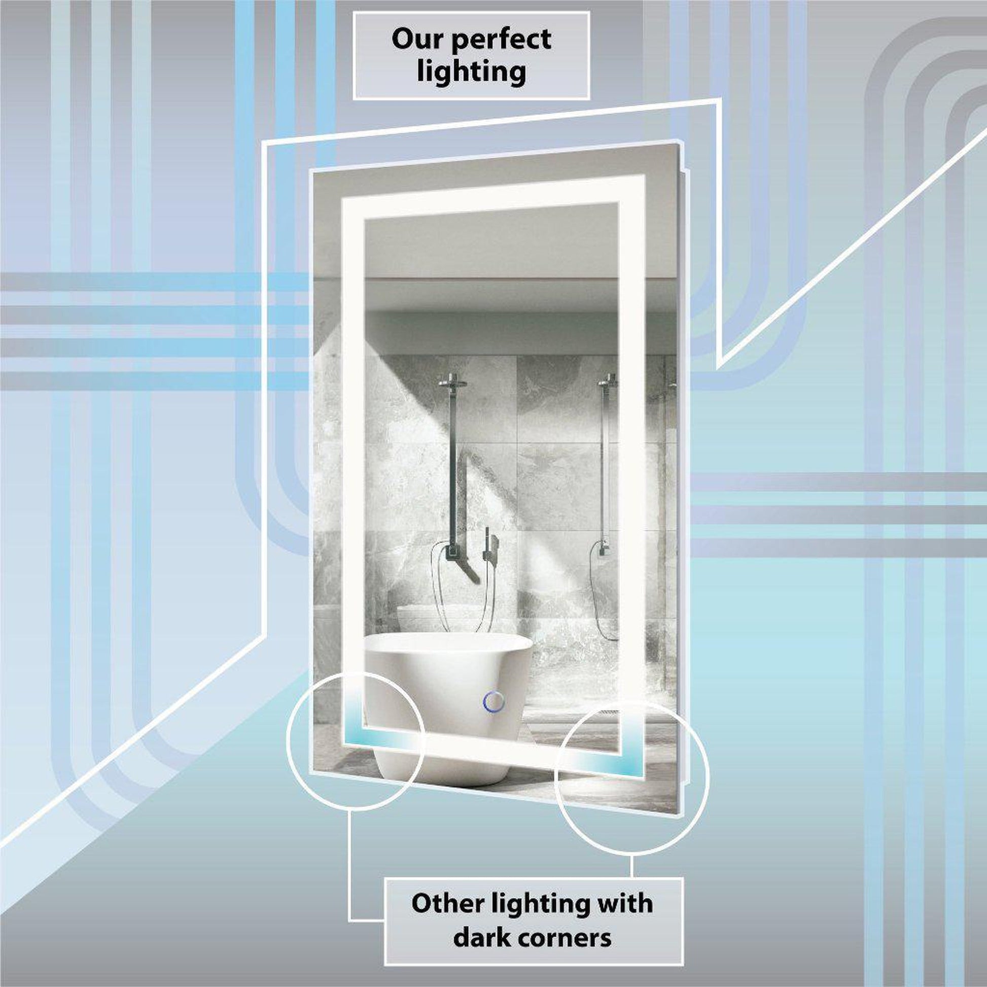 Krugg Reflections Icon 60” x 36” 5000K Rectangular Wall-Mounted Illuminated Silver Backed LED Mirror With Built-in Defogger and Touch Sensor On/Off Built-in Dimmer