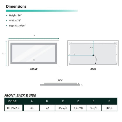 Krugg Reflections Icon 72” x 36” 5000K Rectangular Wall-Mounted Illuminated Silver Backed LED Mirror With Built-in Defogger and Touch Sensor On/Off Built-in Dimmer