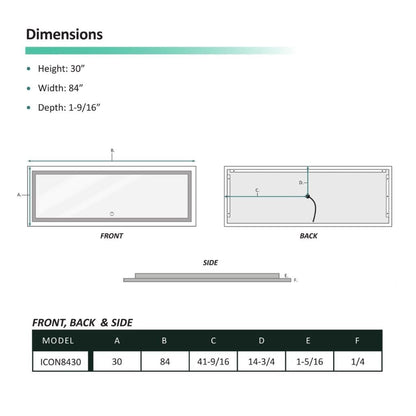 Krugg Reflections Icon 84" x 30" 5000K Rectangular Wall-Mounted Illuminated Silver Backed LED Mirror With Built-in Defogger and Touch Sensor On/Off Built-in Dimmer