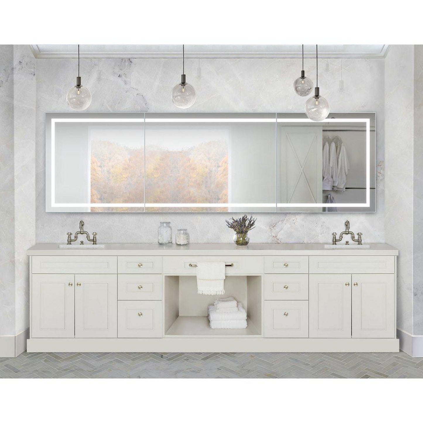 Krugg Reflections Mod 120" x 36" 5000K Long Modular Corner Wall-Mounted Silver-Backed LED Bathroom Vanity Mirror With Built-in Defogger and Dimmer