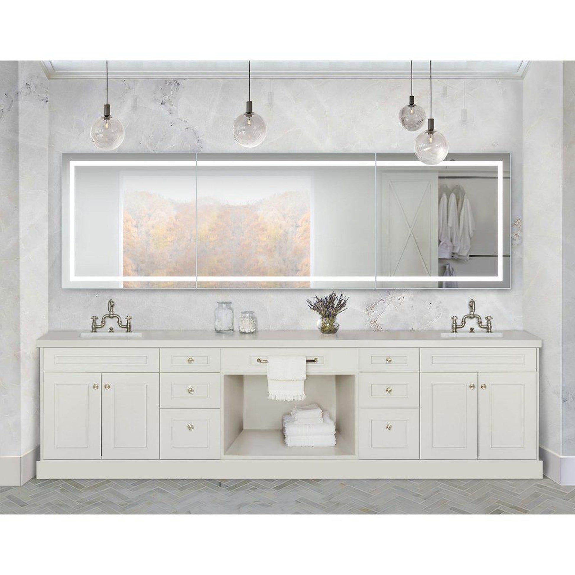 Krugg Reflections Mod 120" x 36" 5000K Long Modular Corner Wall-Mounted Silver-Backed LED Bathroom Vanity Mirror With Built-in Defogger and Dimmer