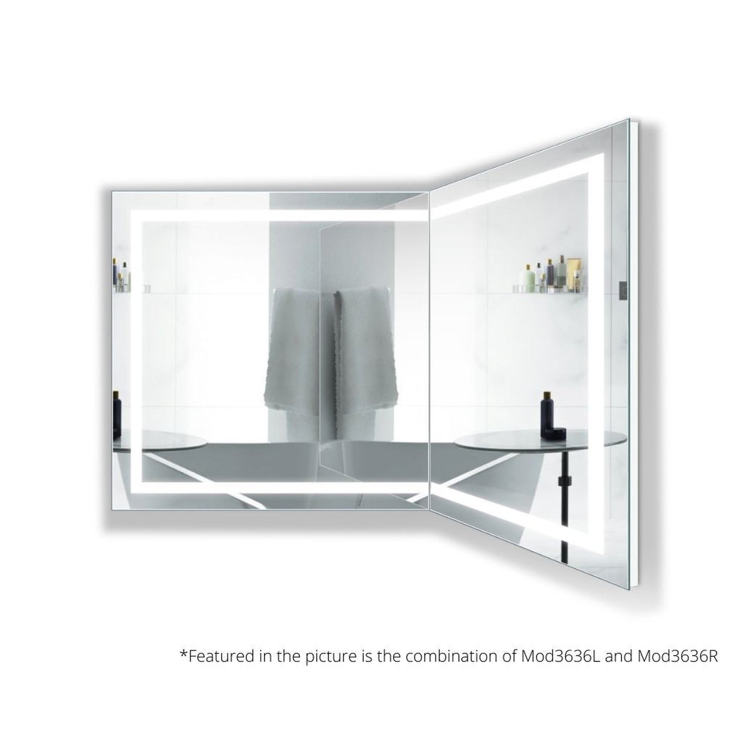 Krugg Reflections Mod 36" x 36" 5000K Square Right Configuration Wall-Mounted Silver-Backed LED Bathroom Vanity Mirror With Built-in Defogger and Dimmer