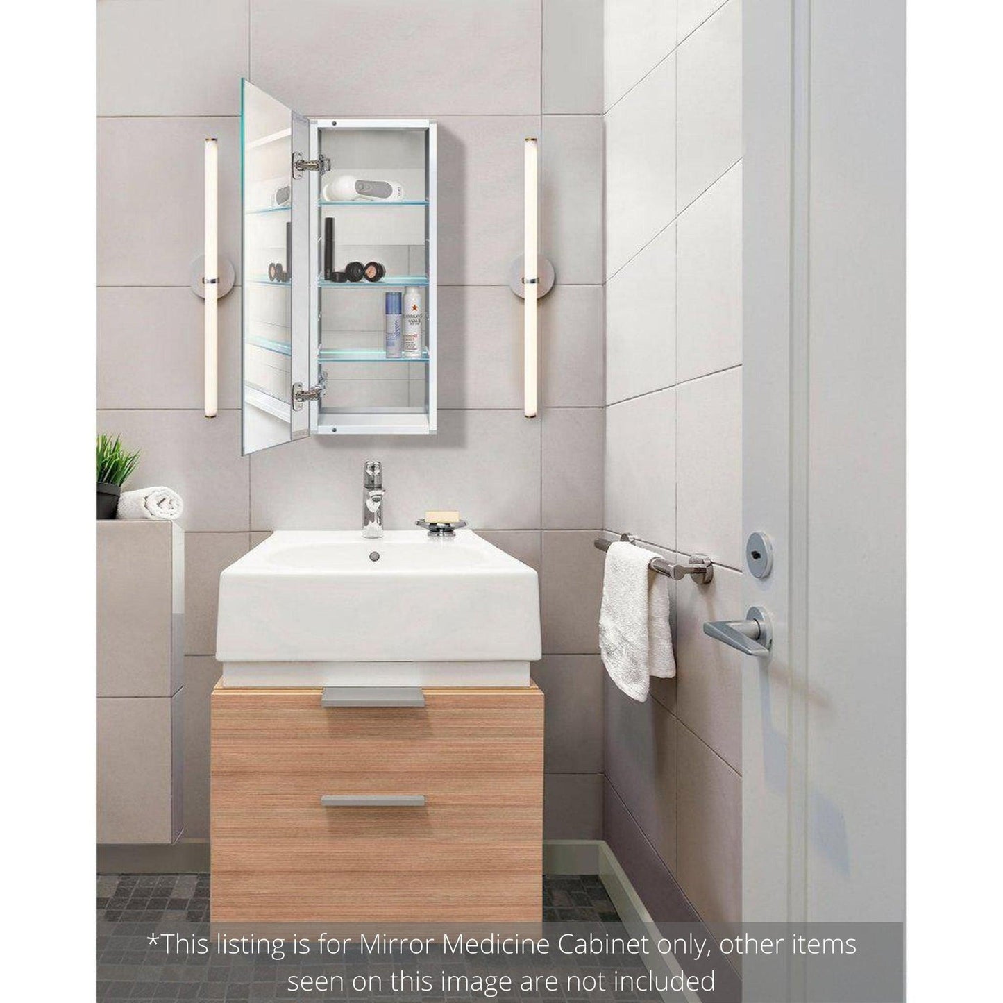 Krugg Reflections Plaza 12" x 30" Single Left Opening Rectangular Recessed/Surface-Mount Medicine Cabinet Mirror With Two Adjustable Shelves