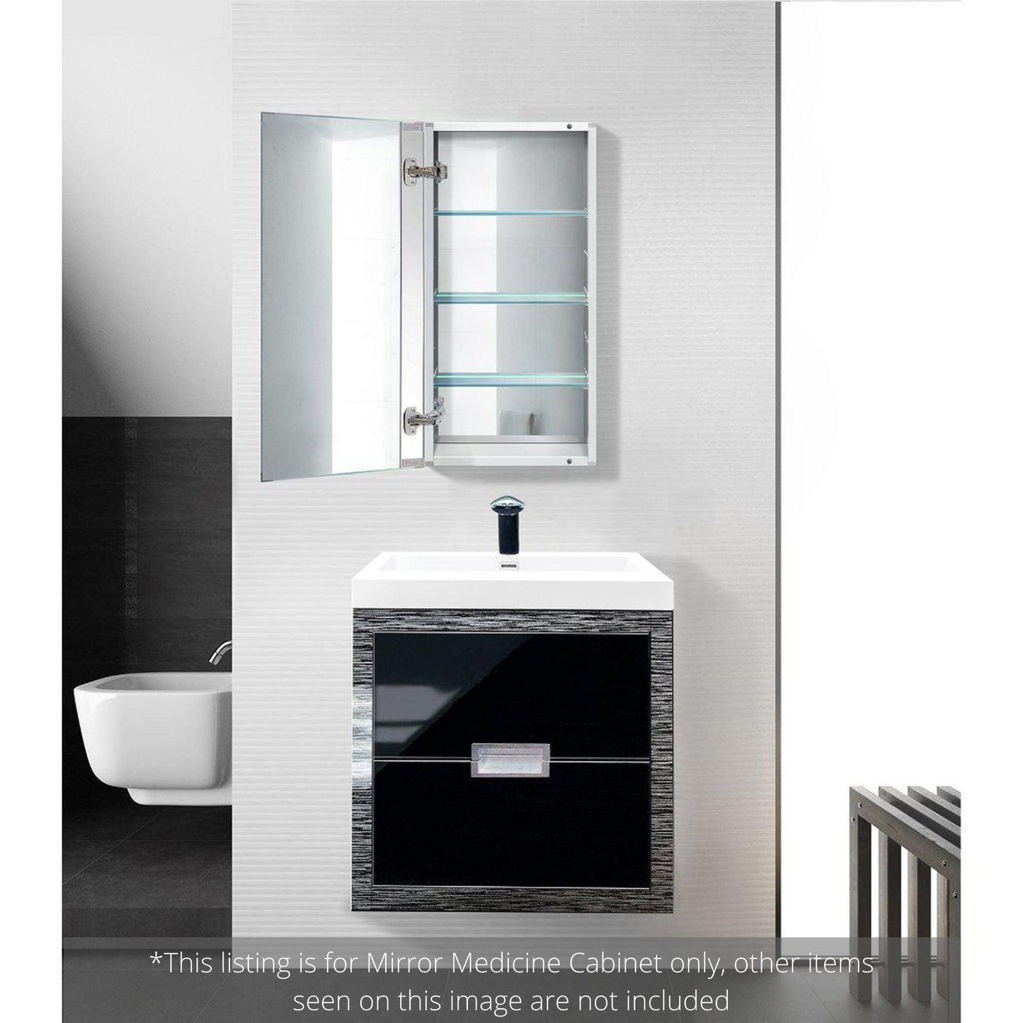 Krugg Reflections Plaza 15" x 30" Single Left Opening Rectangular Recessed/Surface-Mount Medicine Cabinet Mirror With Two Adjustable Shelves