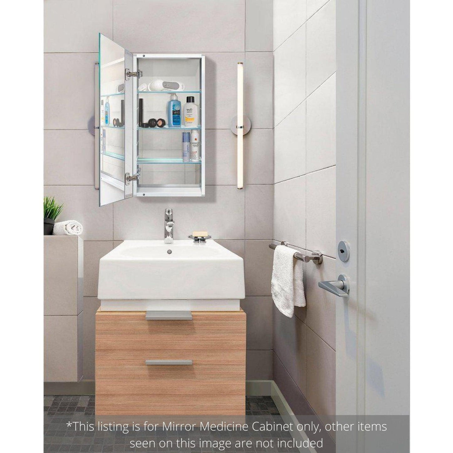 Krugg Reflections Plaza 16" x 30" Single Left Opening Rectangular Recessed/Surface-Mount Medicine Cabinet Mirror With Three Adjustable Shelves