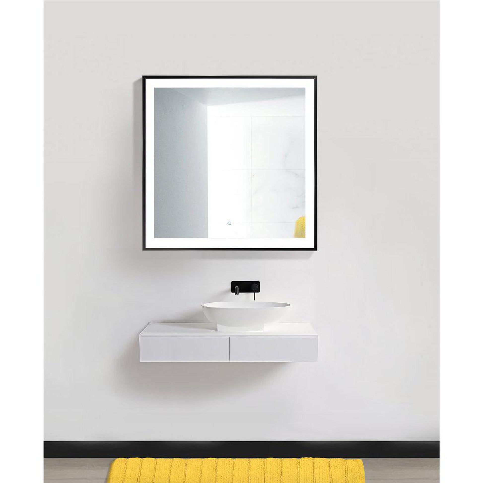 Krugg Reflections Soho 36" x 36" 5000K Square Matte Black Wall-Mounted Framed LED Bathroom Vanity Mirror With Built-in Defogger and Dimmer