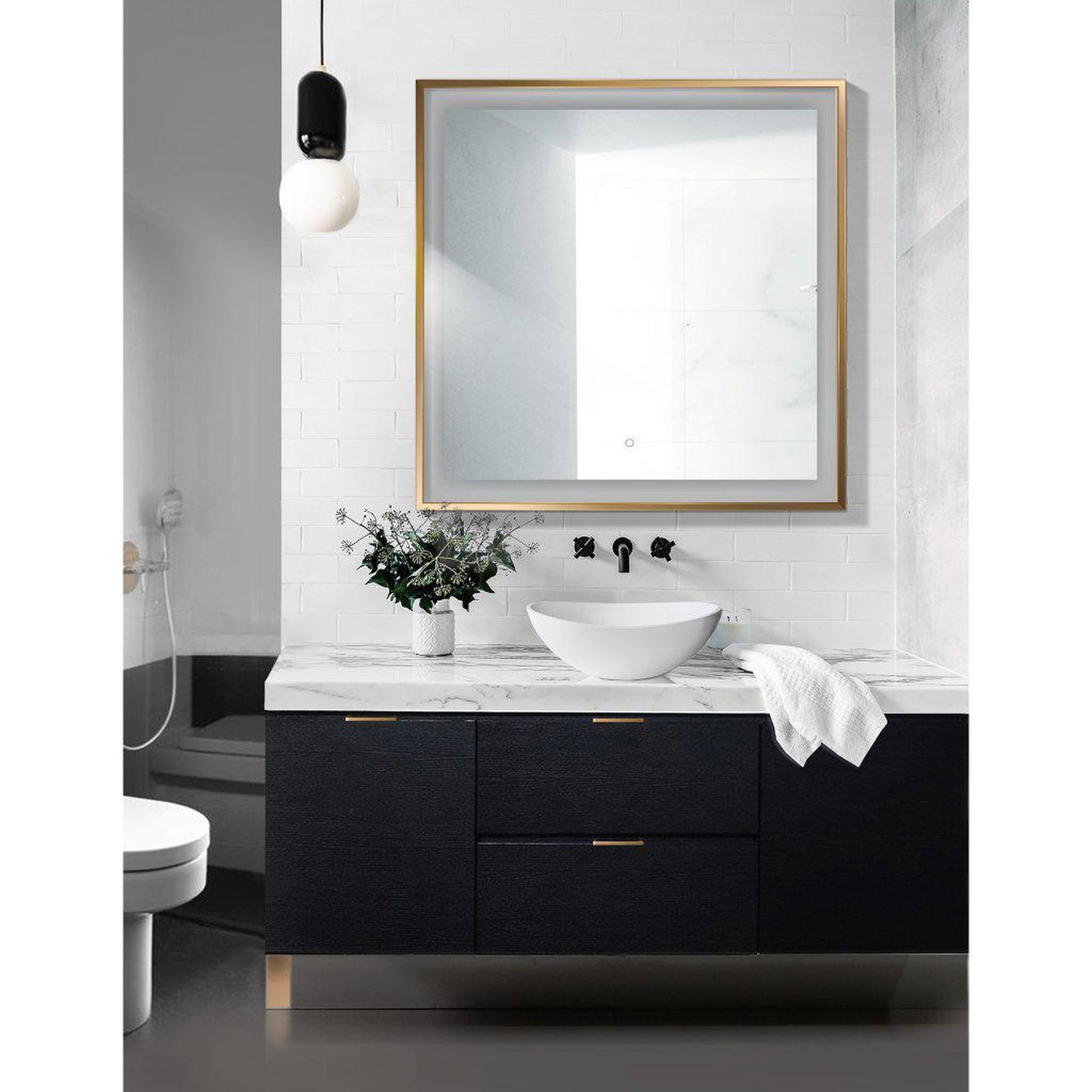 Krugg Reflections Soho 36" x 36" 5000K Square Matte Gold Wall-Mounted Framed LED Bathroom Vanity Mirror With Built-in Defogger and Dimmer