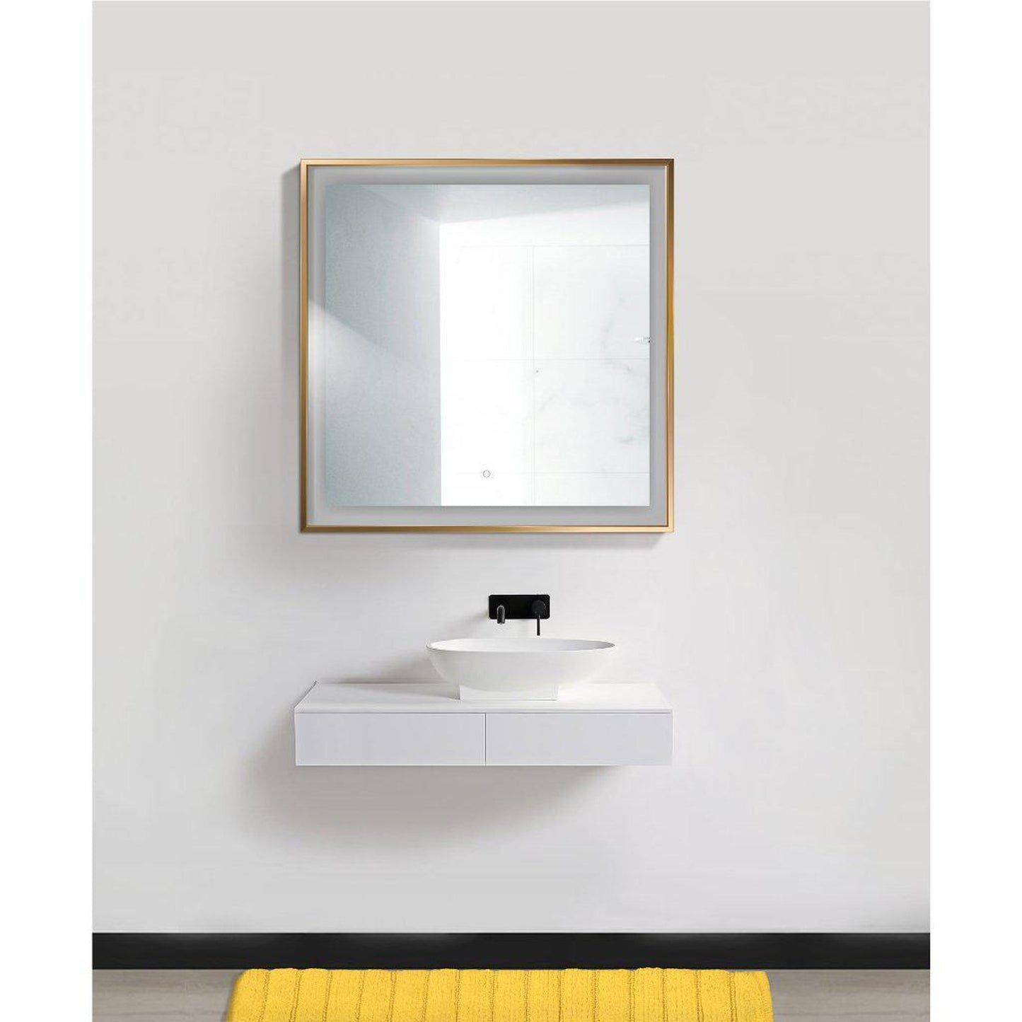 Krugg Reflections Soho 36" x 36" 5000K Square Matte Gold Wall-Mounted Framed LED Bathroom Vanity Mirror With Built-in Defogger and Dimmer