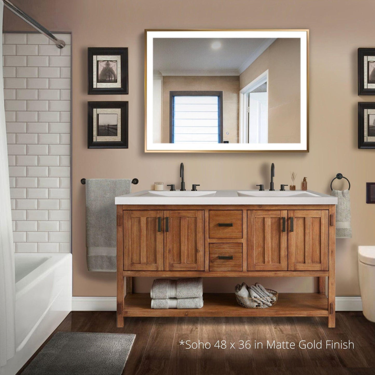 Krugg Reflections Soho 48" x 36" 5000K Rectangular Matte Black Wall-Mounted Framed LED Bathroom Vanity Mirror With Built-in Defogger and Dimmer