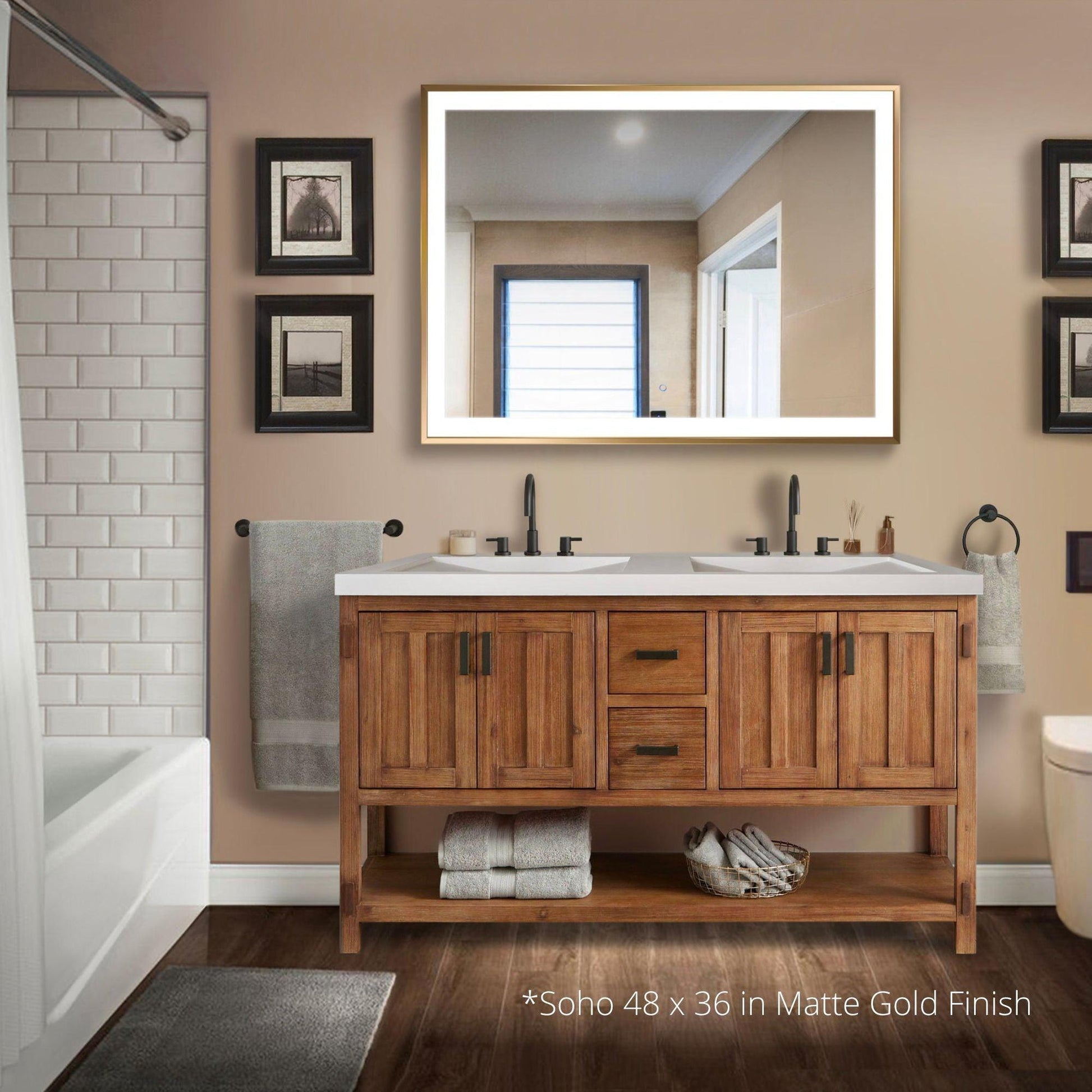 Krugg Reflections Soho 48" x 36" 5000K Rectangular Matte Black Wall-Mounted Framed LED Bathroom Vanity Mirror With Built-in Defogger and Dimmer