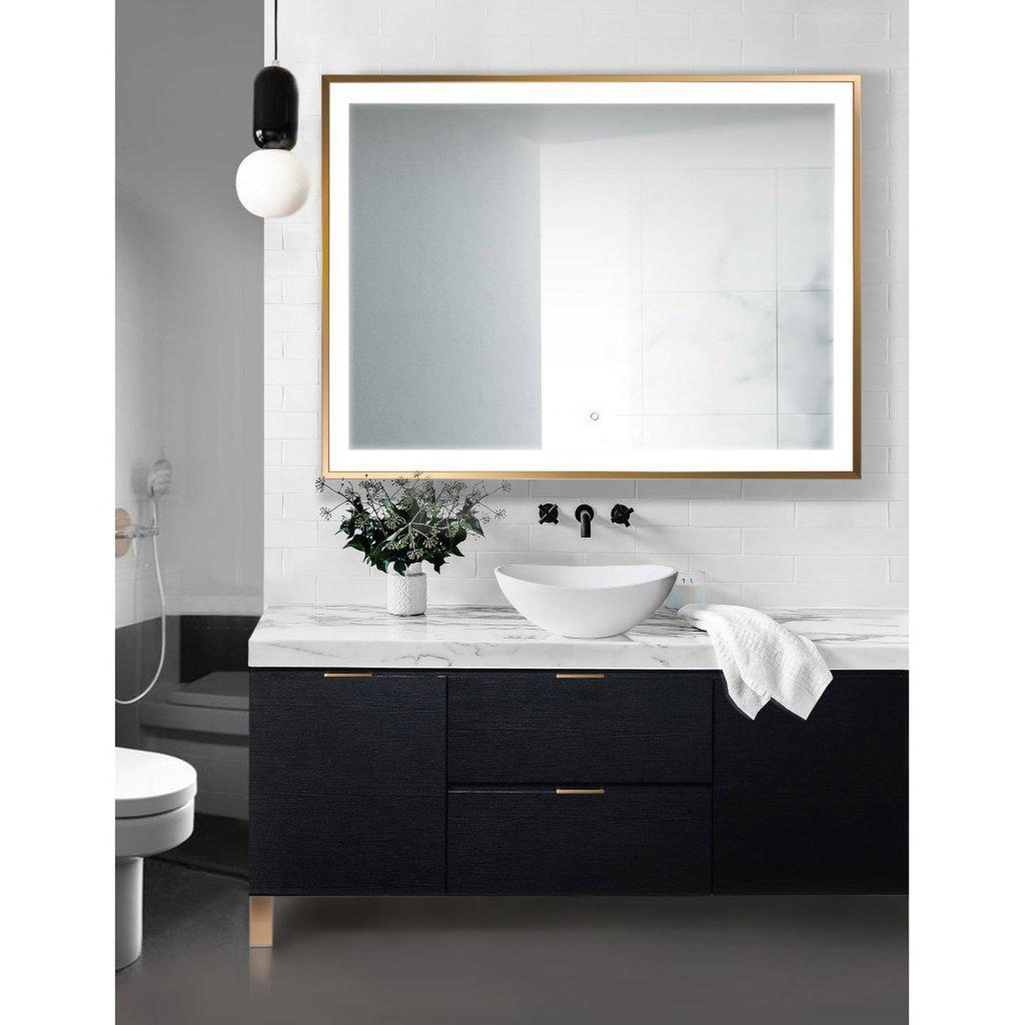 Krugg Reflections Soho 48" x 36" 5000K Rectangular Matte Gold Wall-Mounted Framed LED Bathroom Vanity Mirror With Built-in Defogger and Dimmer