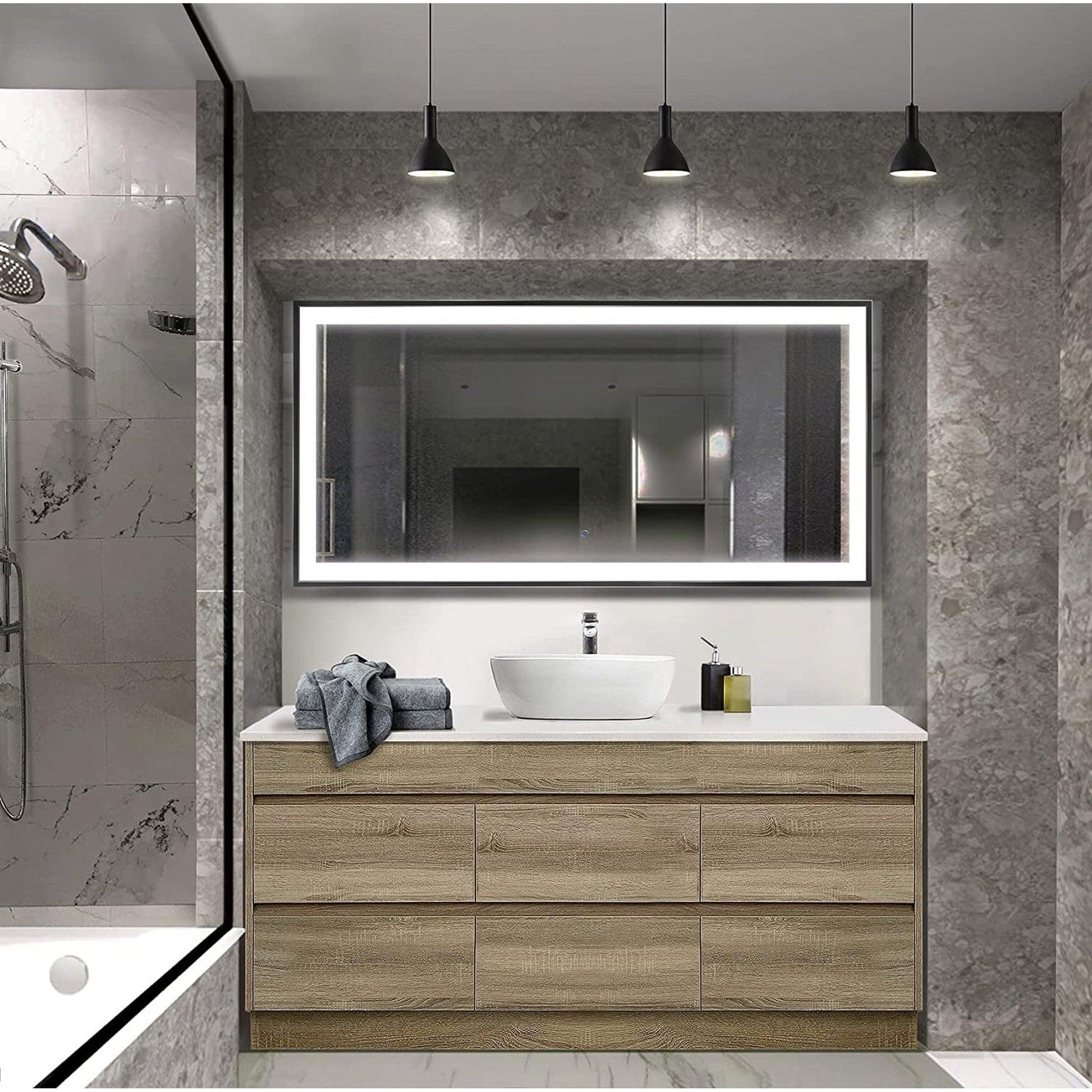 Krugg Reflections Soho 60" x 30" 5000K Rectangular Matte Black Wall-Mounted Framed LED Bathroom Vanity Mirror With Built-in Defogger and Dimmer