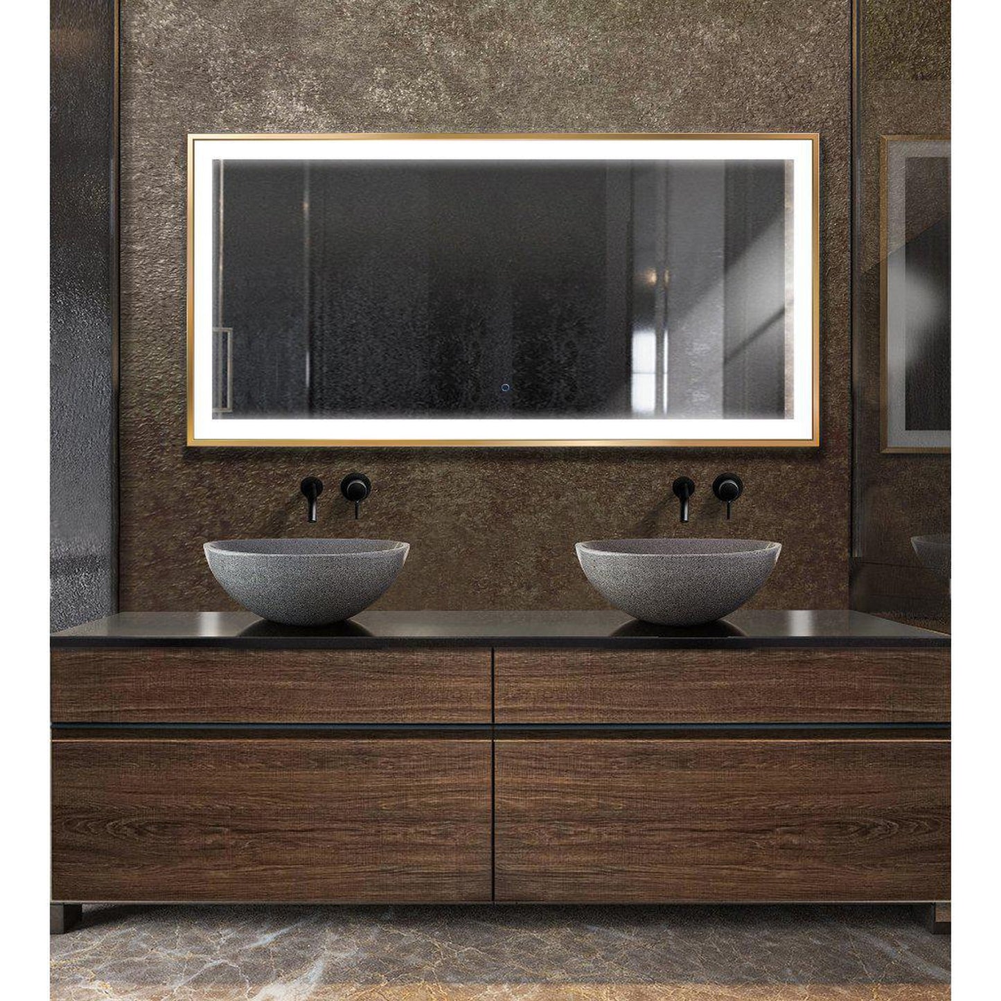 Krugg Reflections Soho 60" x 30" 5000K Rectangular Matte Gold Wall-Mounted Framed LED Bathroom Vanity Mirror With Built-in Defogger and Dimmer