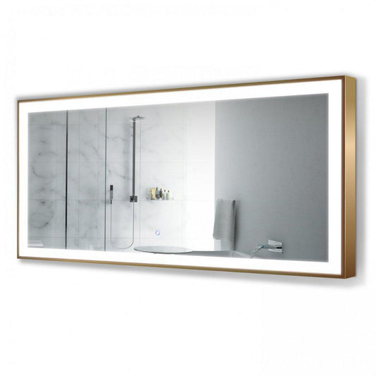 Krugg Reflections Soho 60" x 30" 5000K Rectangular Matte Gold Wall-Mounted Framed LED Bathroom Vanity Mirror With Built-in Defogger and Dimmer