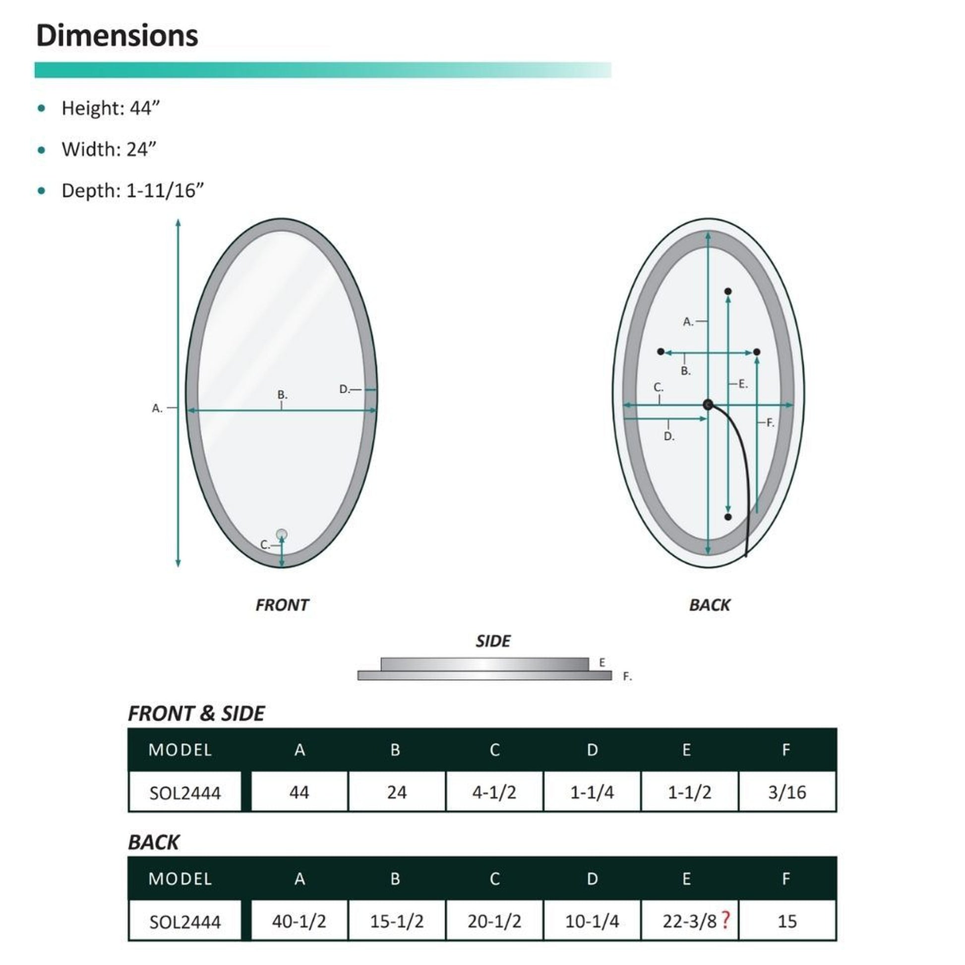 Krugg Reflections Sol 24" x 44" 5000K Oval Wall-Mounted Illuminated Silver Backed LED Mirror With Built-in Defogger and Touch Sensor On/Off Built-in Dimmer