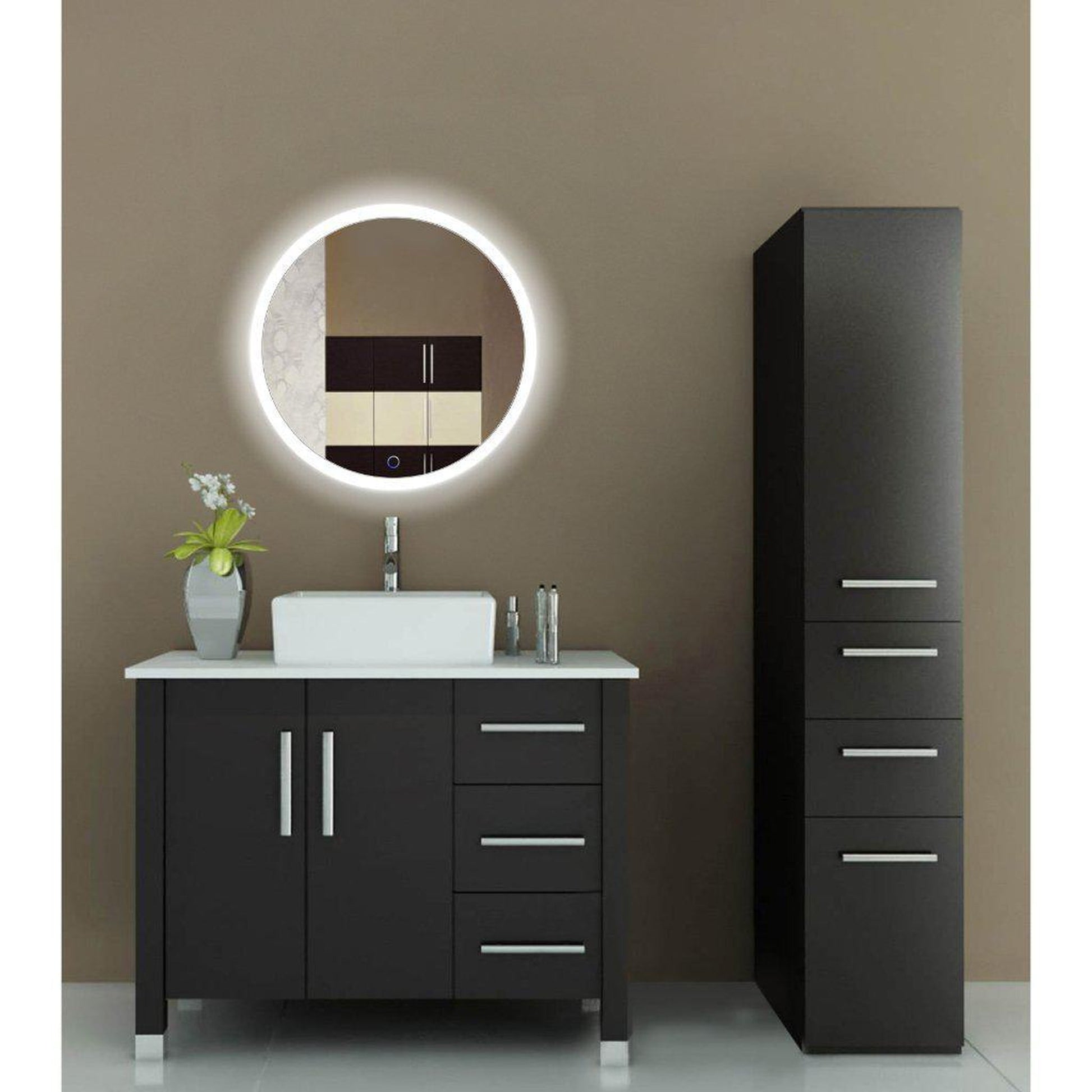 Krugg Reflections Sol 27" x 27" 5000K Round Wall-Mounted Illuminated Silver Backed LED Mirror With Built-in Defogger and Touch Sensor On/Off Built-in Dimmer