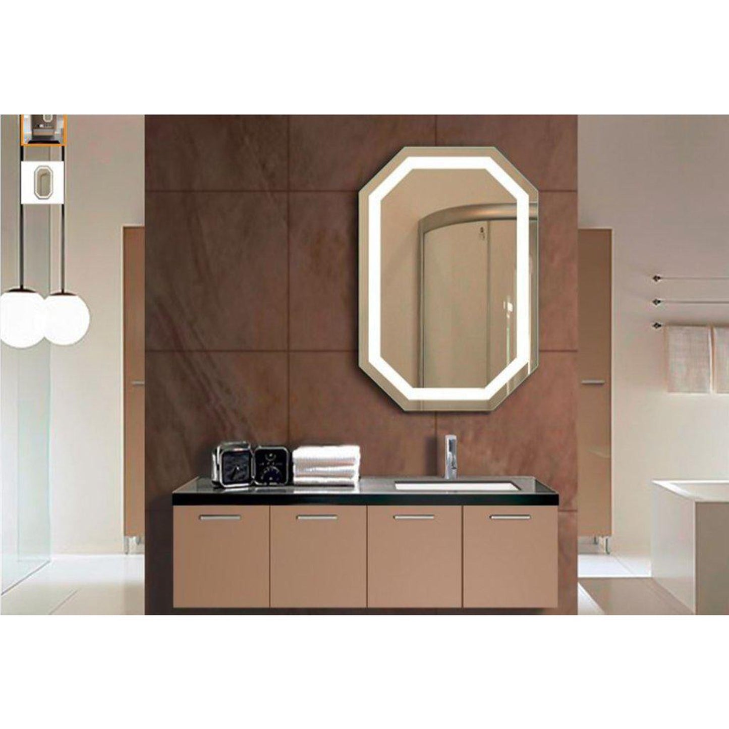 Krugg Reflections Tudor 30" x 20" 5000K Octagon Wall-Mounted Illuminated Silver Backed LED Mirror With Built-in Defogger and Touch Sensor On/Off Built-in Dimmer