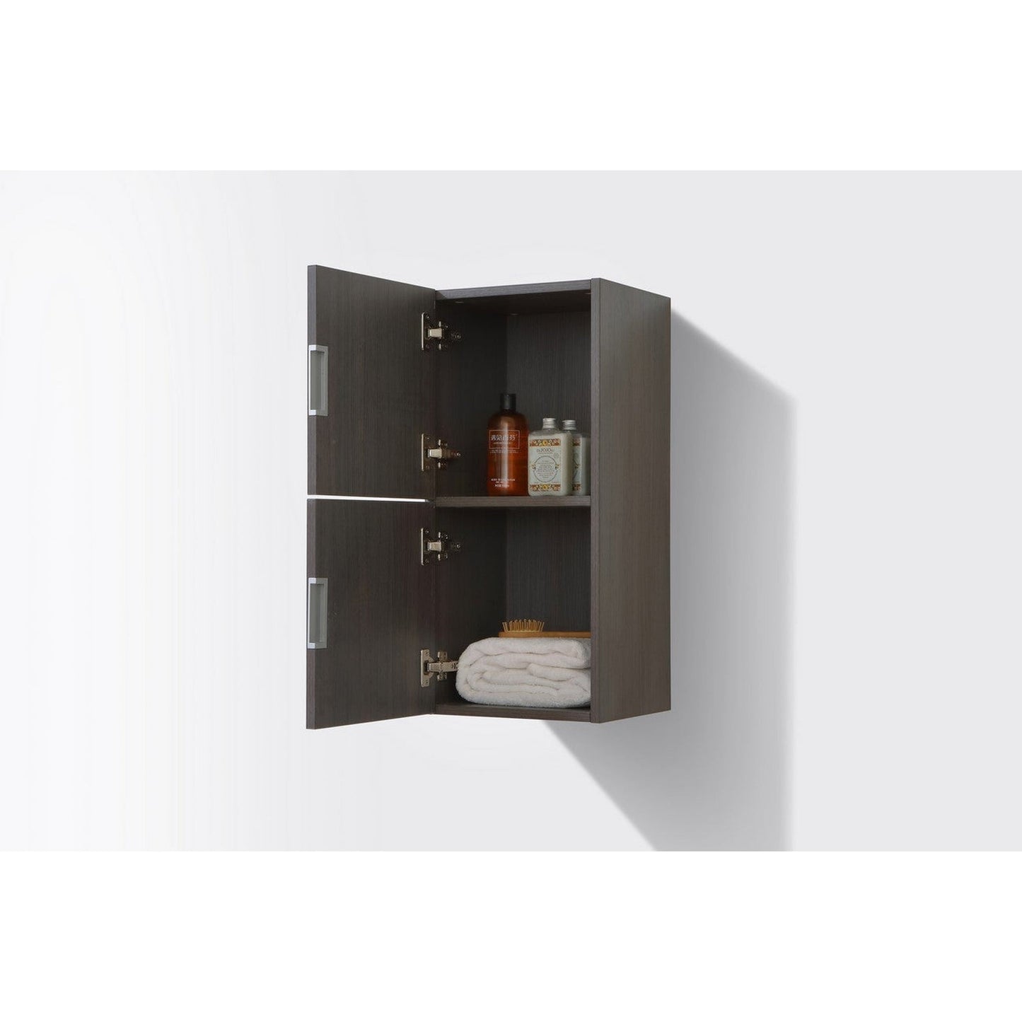 KubeBath Bliss 12"x 28" High Gloss Gray Oak Wood Veneer Linen Side Cabinet With Two Storage Areas