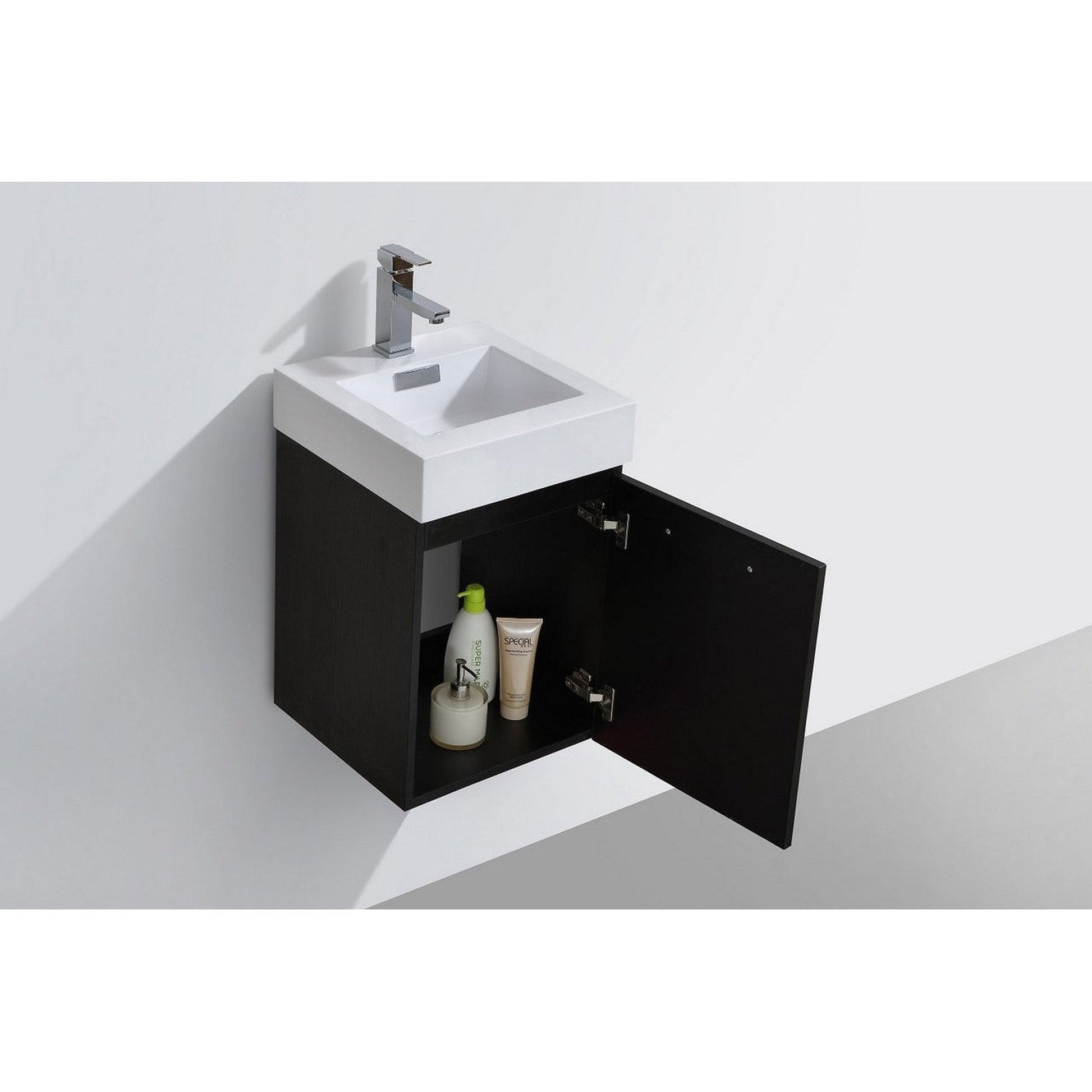 KubeBath Bliss 16" Black Wall-Mounted Modern Bathroom Vanity With Single Integrated Acrylic Sink With Overflow and 22" Black Framed Mirror With Shelf