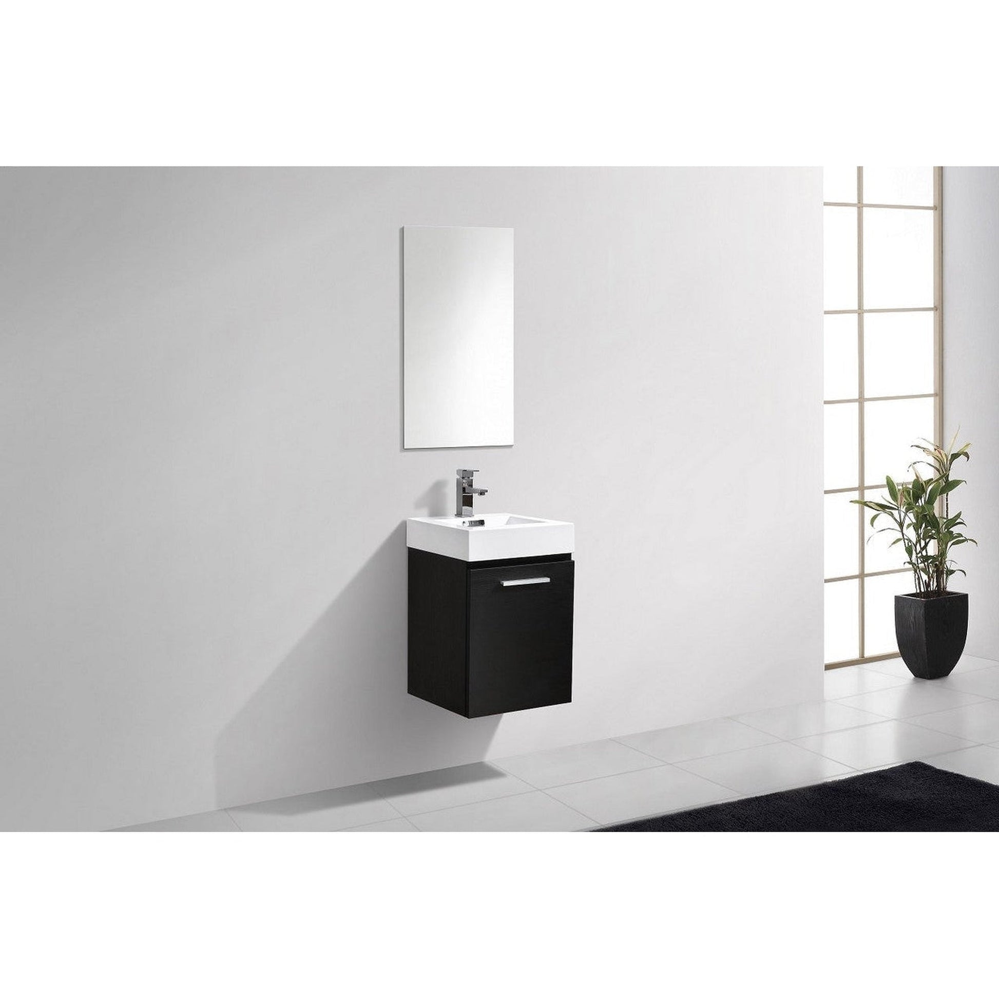 KubeBath Bliss 16" Black Wall-Mounted Modern Bathroom Vanity With Single Integrated Acrylic Sink With Overflow and 22" Black Framed Mirror With Shelf