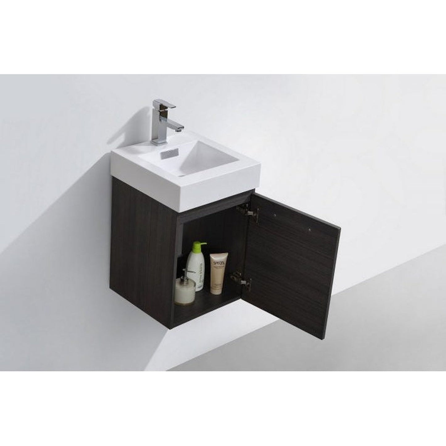 KubeBath Bliss 16" Gray Oak Wall-Mounted Modern Bathroom Vanity With Single Integrated Acrylic Sink With Overflow and 22" Gray Oak Framed Mirror With Shelf