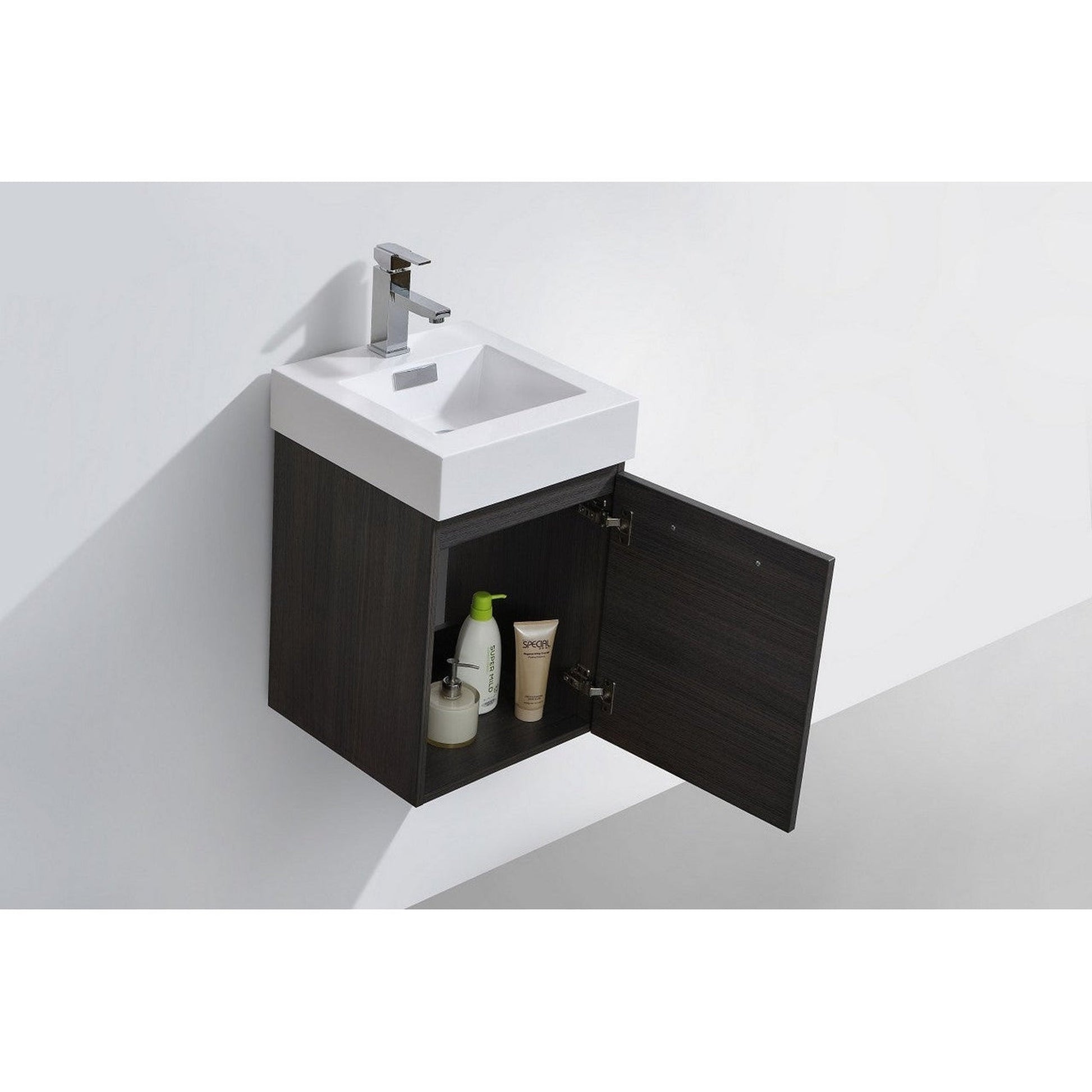 KubeBath Bliss 16" High Gloss Gray Oak Wall-Mounted Modern Bathroom Vanity With Single Integrated Acrylic Sink With Overflow and 22" Wood Framed Mirror With Shelf