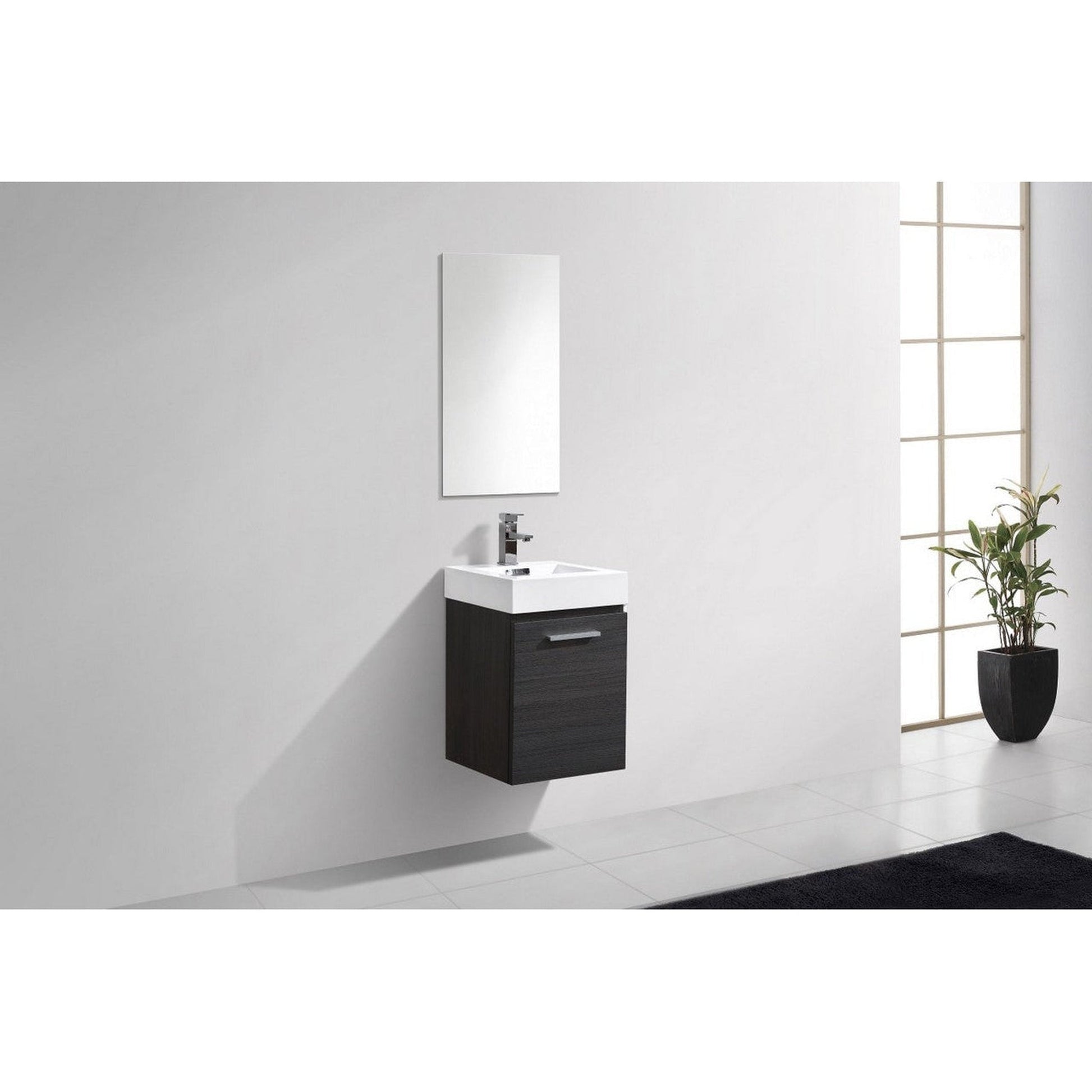 KubeBath Bliss 16" High Gloss Gray Oak Wall-Mounted Modern Bathroom Vanity With Single Integrated Acrylic Sink With Overflow and 22" Wood Framed Mirror With Shelf
