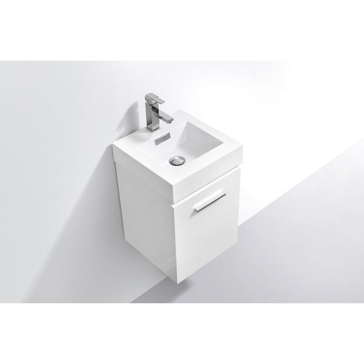 KubeBath Bliss 16" High Gloss White Wall-Mounted Modern Bathroom Vanity With Single Integrated Acrylic Sink With Overflow and 24" White Framed Mirror With Shelf