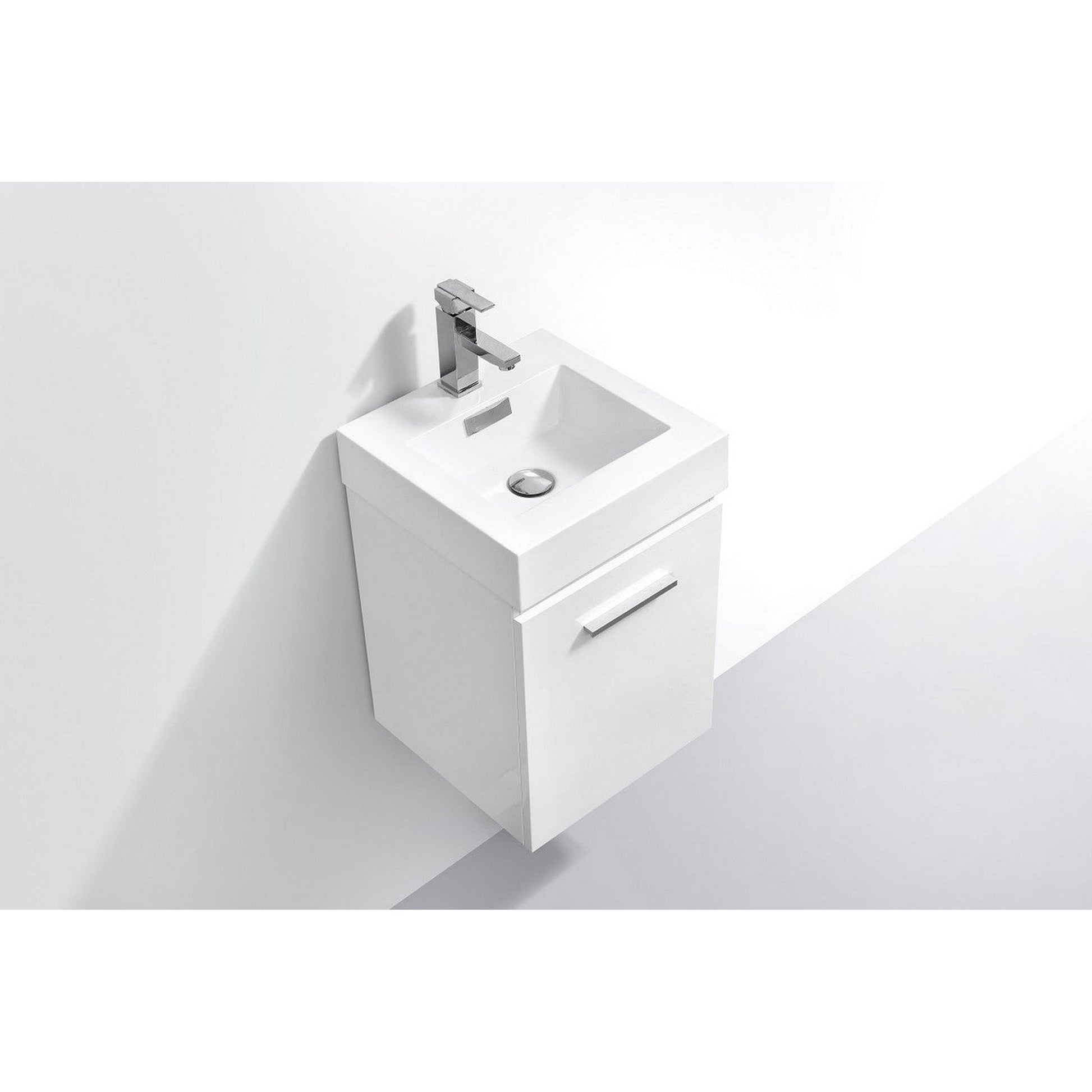 KubeBath Bliss 16" High Gloss White Wall-Mounted Modern Bathroom Vanity With Single Integrated Acrylic Sink With Overflow and 24" White Framed Mirror With Shelf