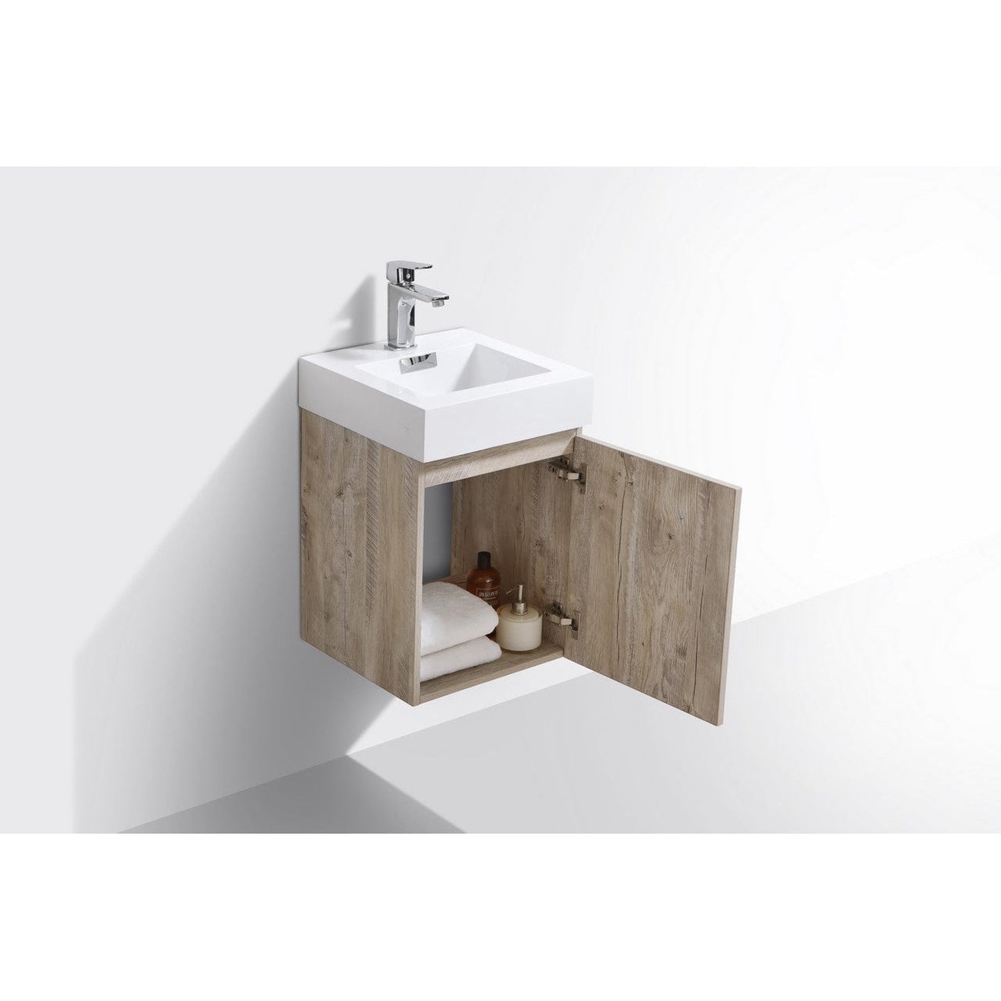 KubeBath Bliss 16" Nature Wood Wall-Mount Modern Bathroom Single Vanity With Integrated Acrylic Sink With Overflow