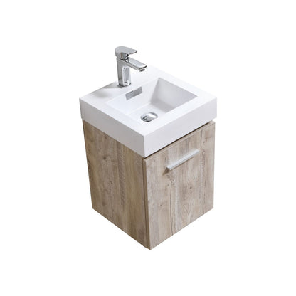 KubeBath Bliss 16" Nature Wood Wall-Mount Modern Bathroom Single Vanity With Integrated Acrylic Sink With Overflow and 24" Nature Wood Framed Mirror With Shelf