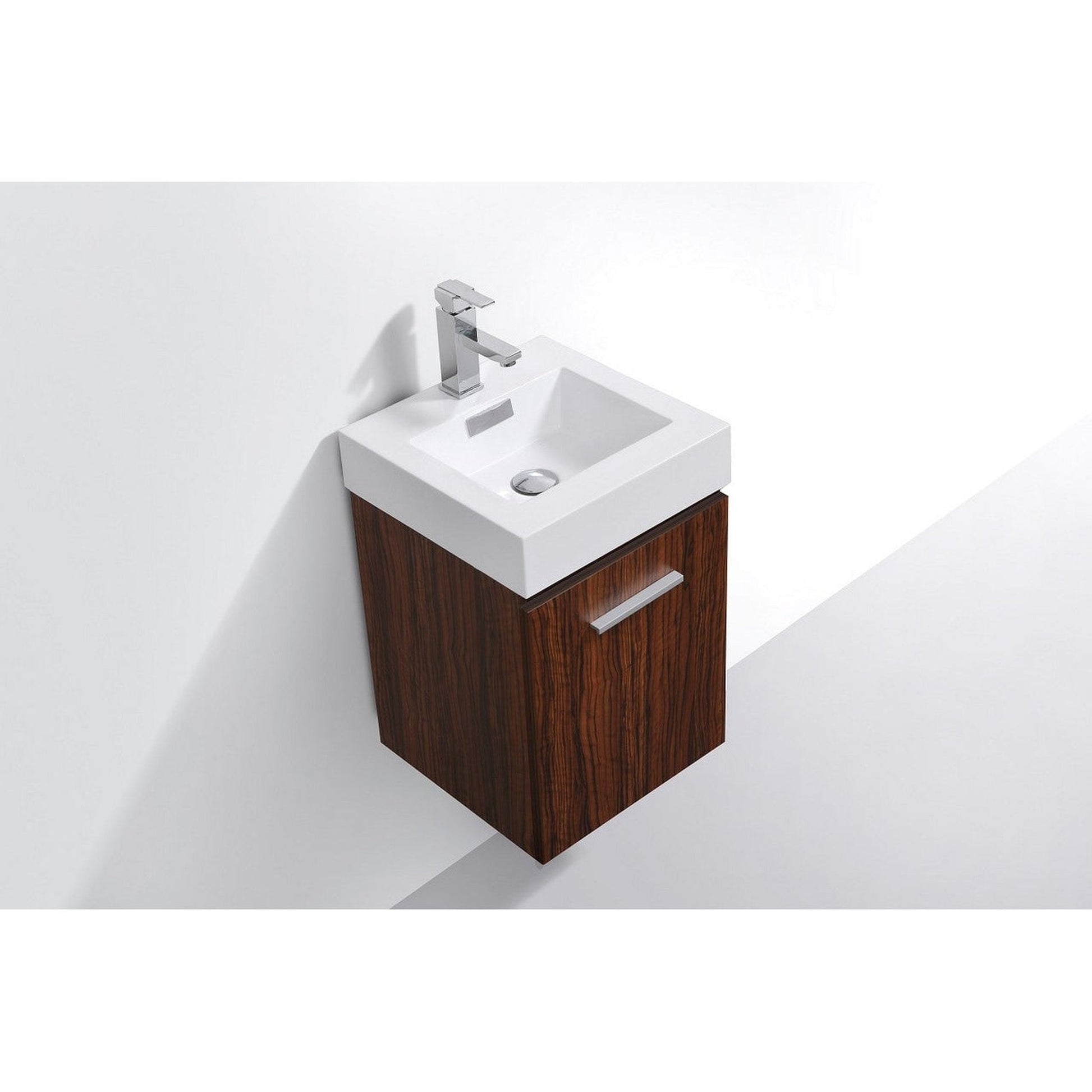 KubeBath Bliss 16" Walnut Wall-Mounted Modern Bathroom Vanity With Single Integrated Acrylic Sink With Overflow