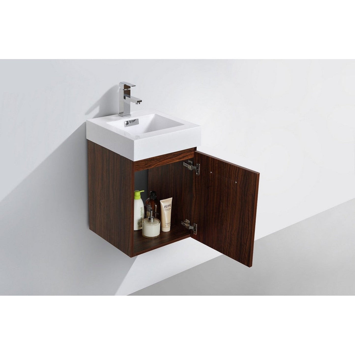 KubeBath Bliss 16" Walnut Wall-Mounted Modern Bathroom Vanity With Single Integrated Acrylic Sink With Overflow and 22" Walnut Wood Framed Mirror With Shelf