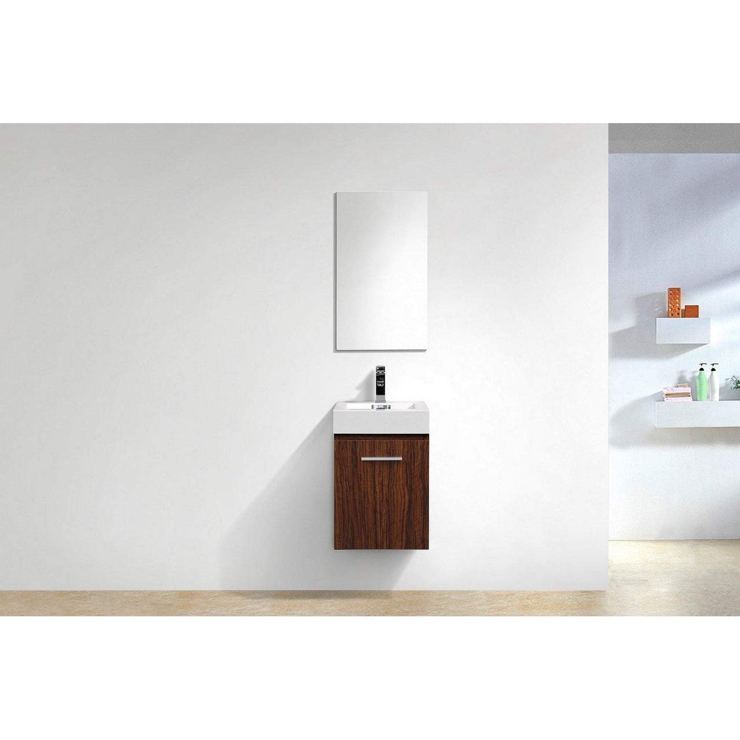 KubeBath Bliss 16" Walnut Wall-Mounted Modern Bathroom Vanity With Single Integrated Acrylic Sink With Overflow and 22" Walnut Wood Framed Mirror With Shelf