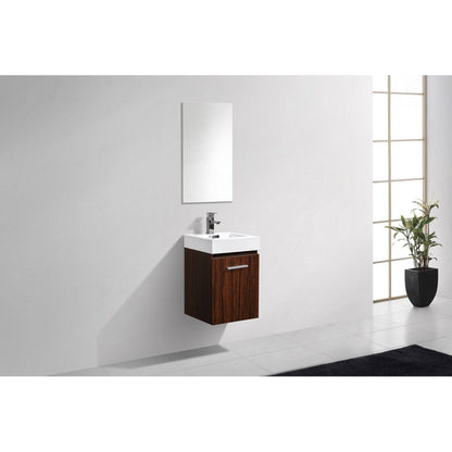 KubeBath Bliss 16" Walnut Wall-Mounted Modern Bathroom Vanity With Single Integrated Acrylic Sink With Overflow and 22" Walnut Wood Framed Mirror With Shelf