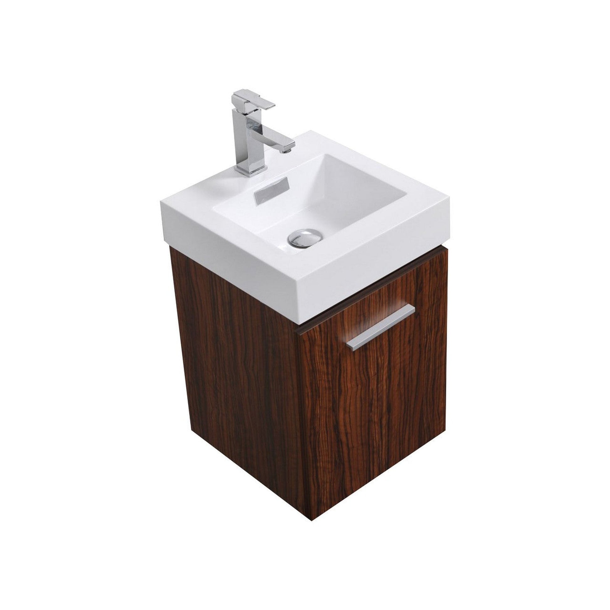 KubeBath Bliss 16" Walnut Wall-Mounted Modern Bathroom Vanity With Single Integrated Acrylic Sink With Overflow