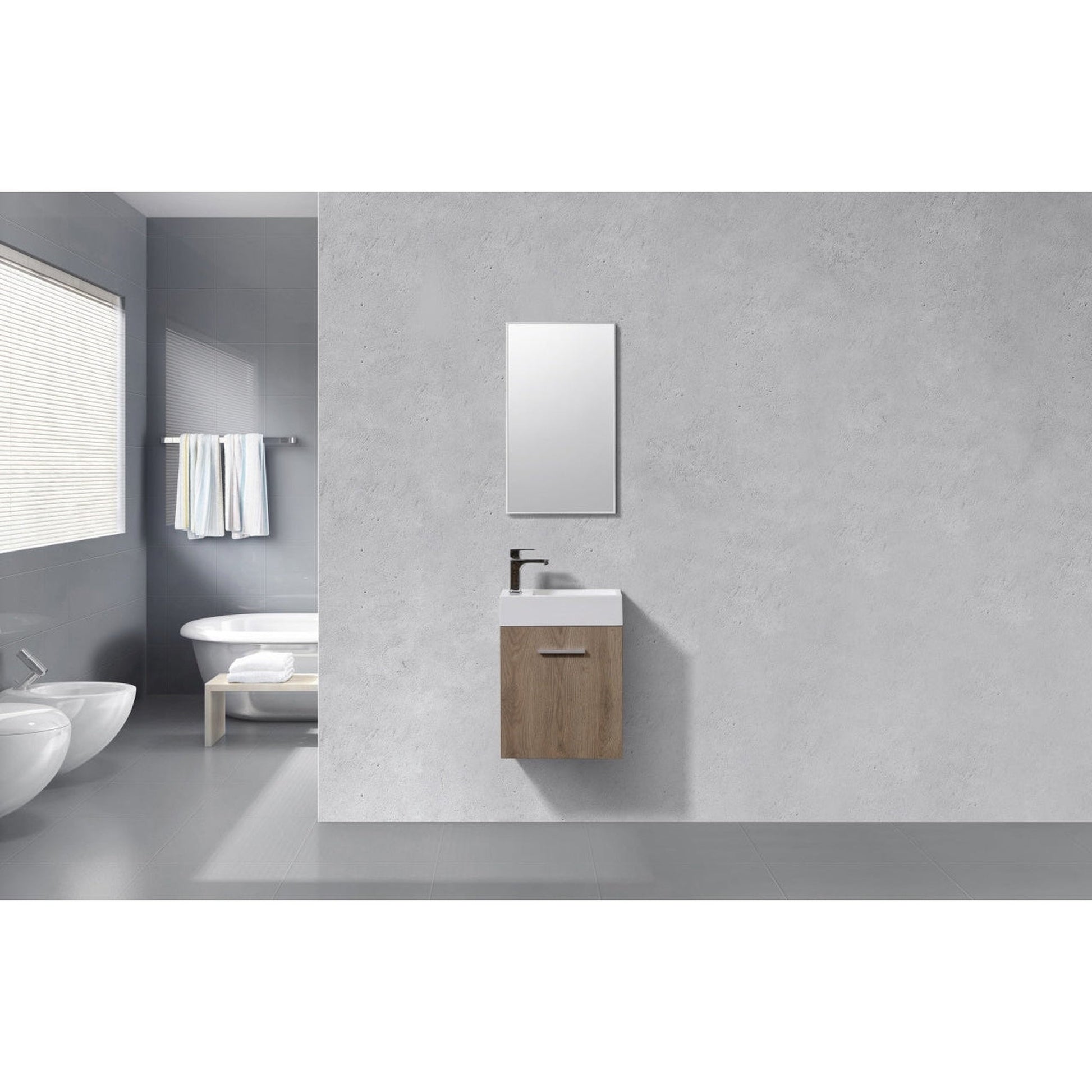 KubeBath Bliss 18" Butternut Wall-Mounted Modern Bathroom Vanity With Single Integrated Acrylic Sink With Overflow and 24" Butternut Framed Mirror With Shelf