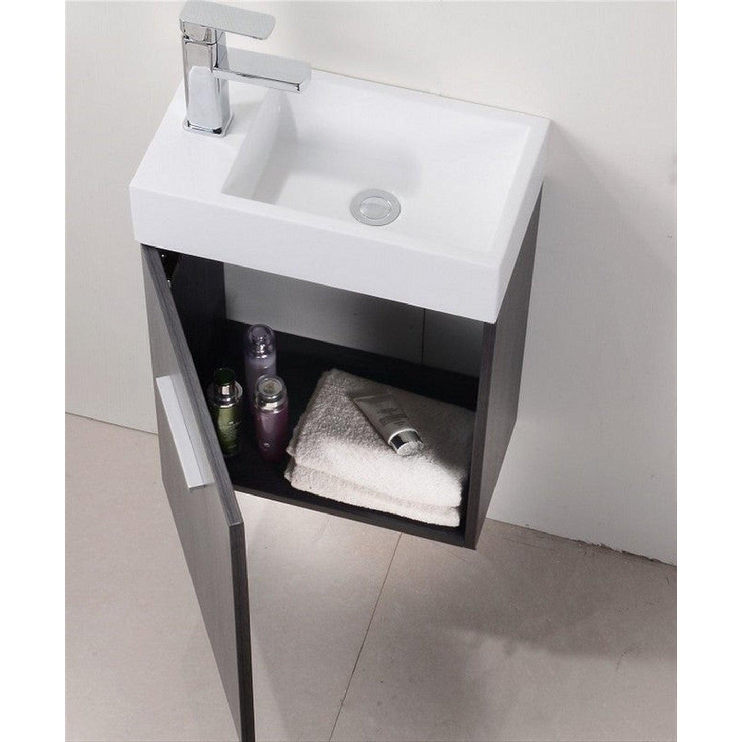 KubeBath Bliss 18" Gray Oak Wall-Mounted Modern Bathroom Vanity With Single Integrated Acrylic Sink With Overflow