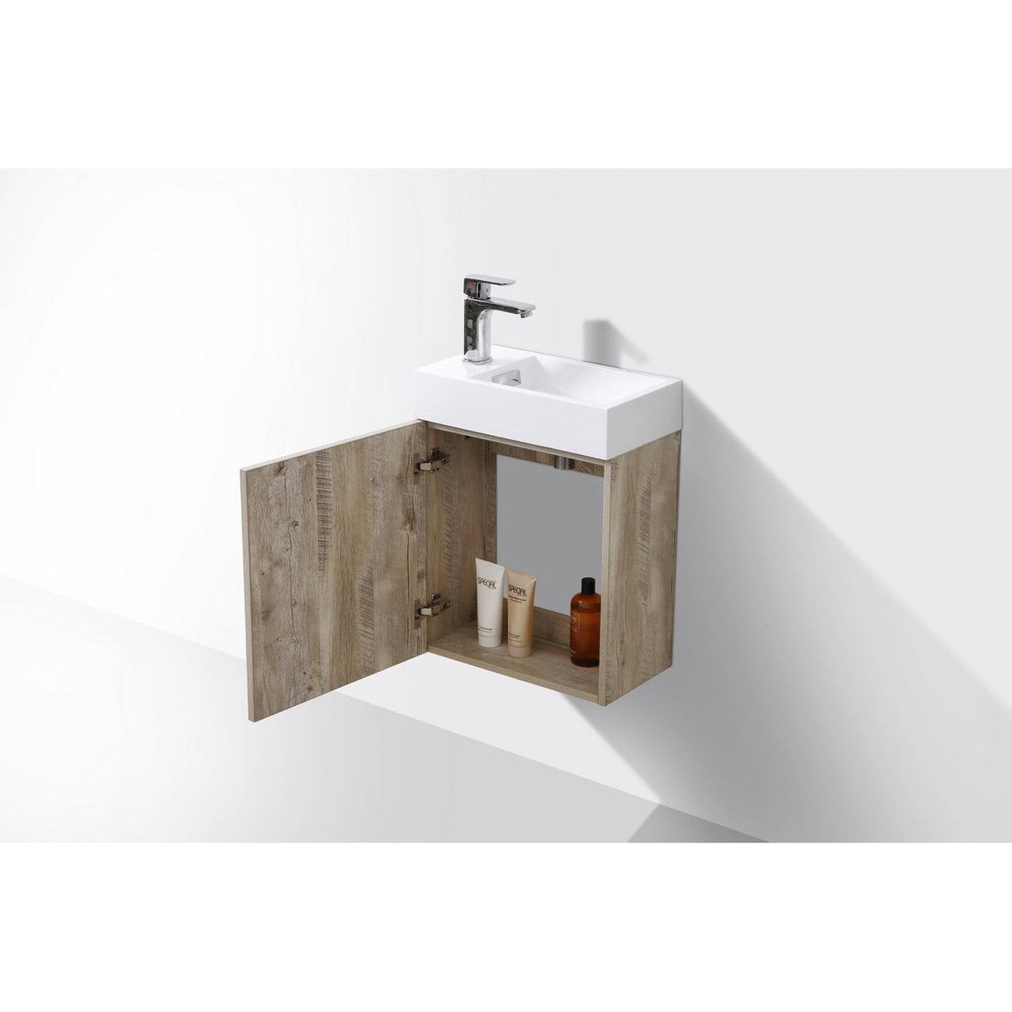 KubeBath Bliss 18" Nature Wood Wall-Mounted Modern Bathroom Vanity With Single Integrated Acrylic Sink With Overflow