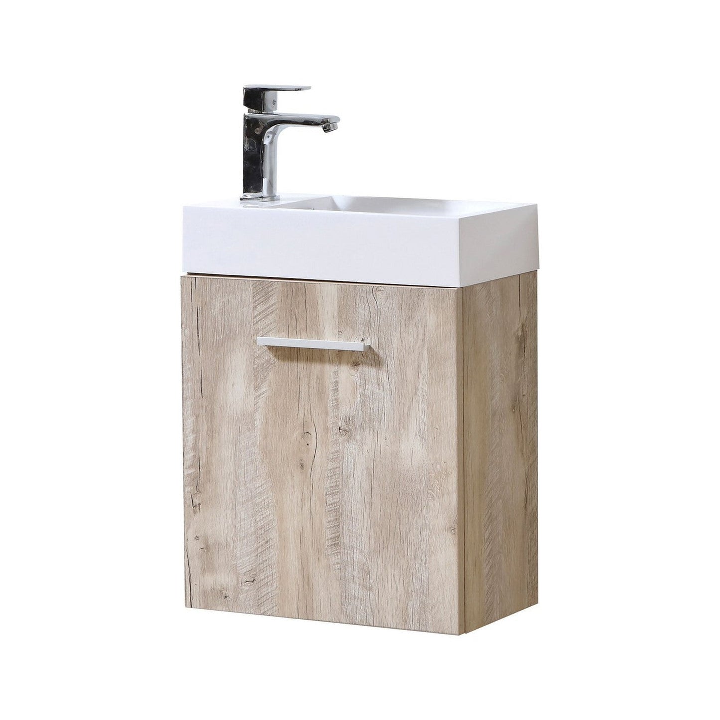 KubeBath Bliss 18" Nature Wood Wall-Mounted Modern Bathroom Vanity With Single Integrated Acrylic Sink With Overflow and 24" Wood Framed Mirror With Shelf