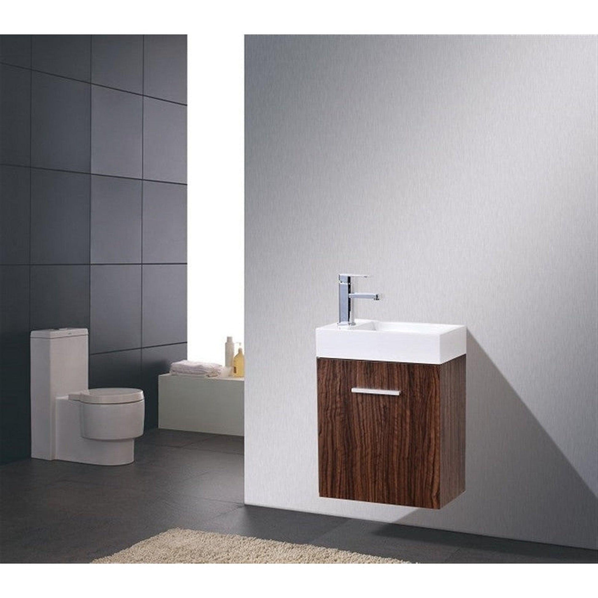 KubeBath Bliss 18" Walnut Wall-Mounted Modern Bathroom Vanity With Single Integrated Acrylic Sink With Overflow