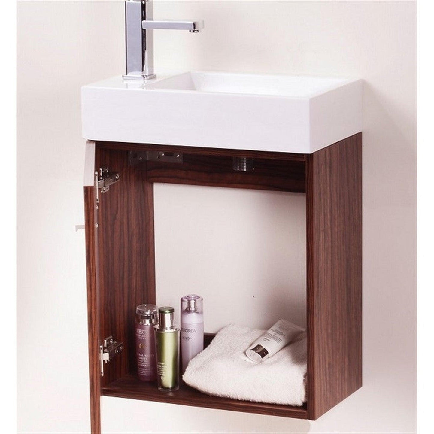 KubeBath Bliss 18" Walnut Wall-Mounted Modern Bathroom Vanity With Single Integrated Acrylic Sink With Overflow