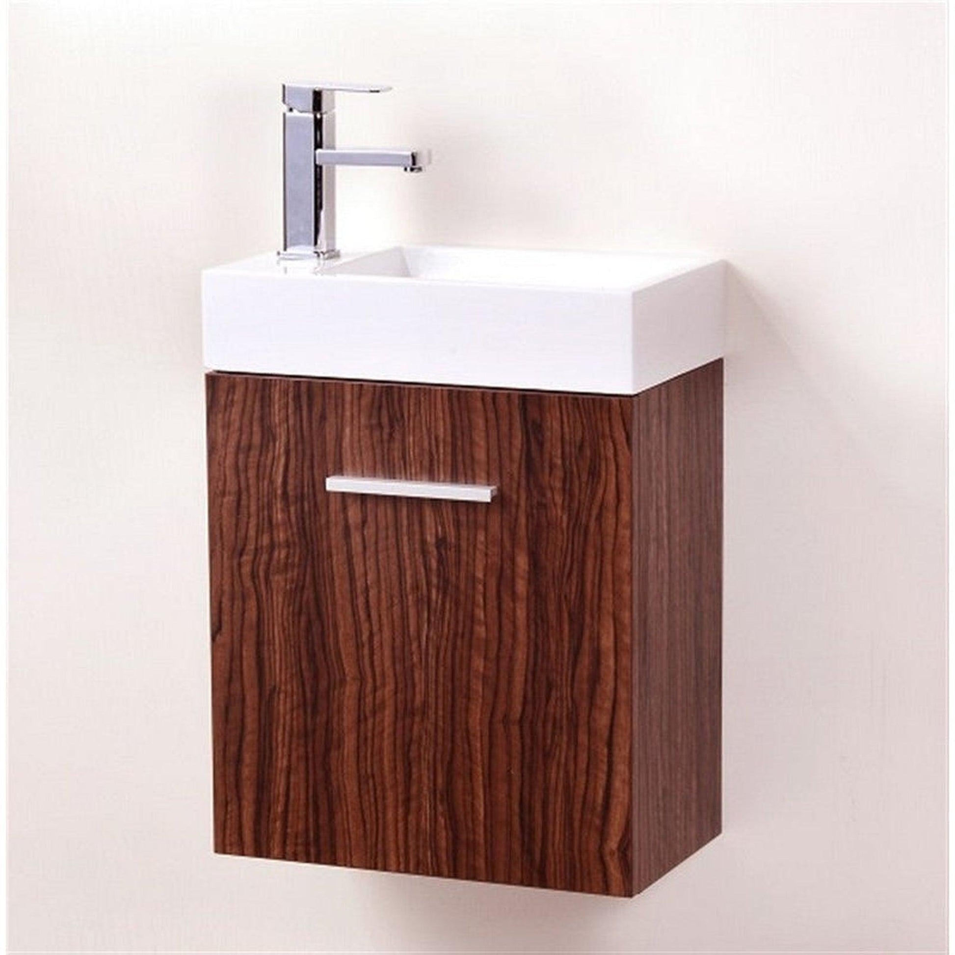 KubeBath Bliss 18" Walnut Wall-Mounted Modern Bathroom Vanity With Single Integrated Acrylic Sink With Overflow and 22" Wood Framed Mirror With Shelf