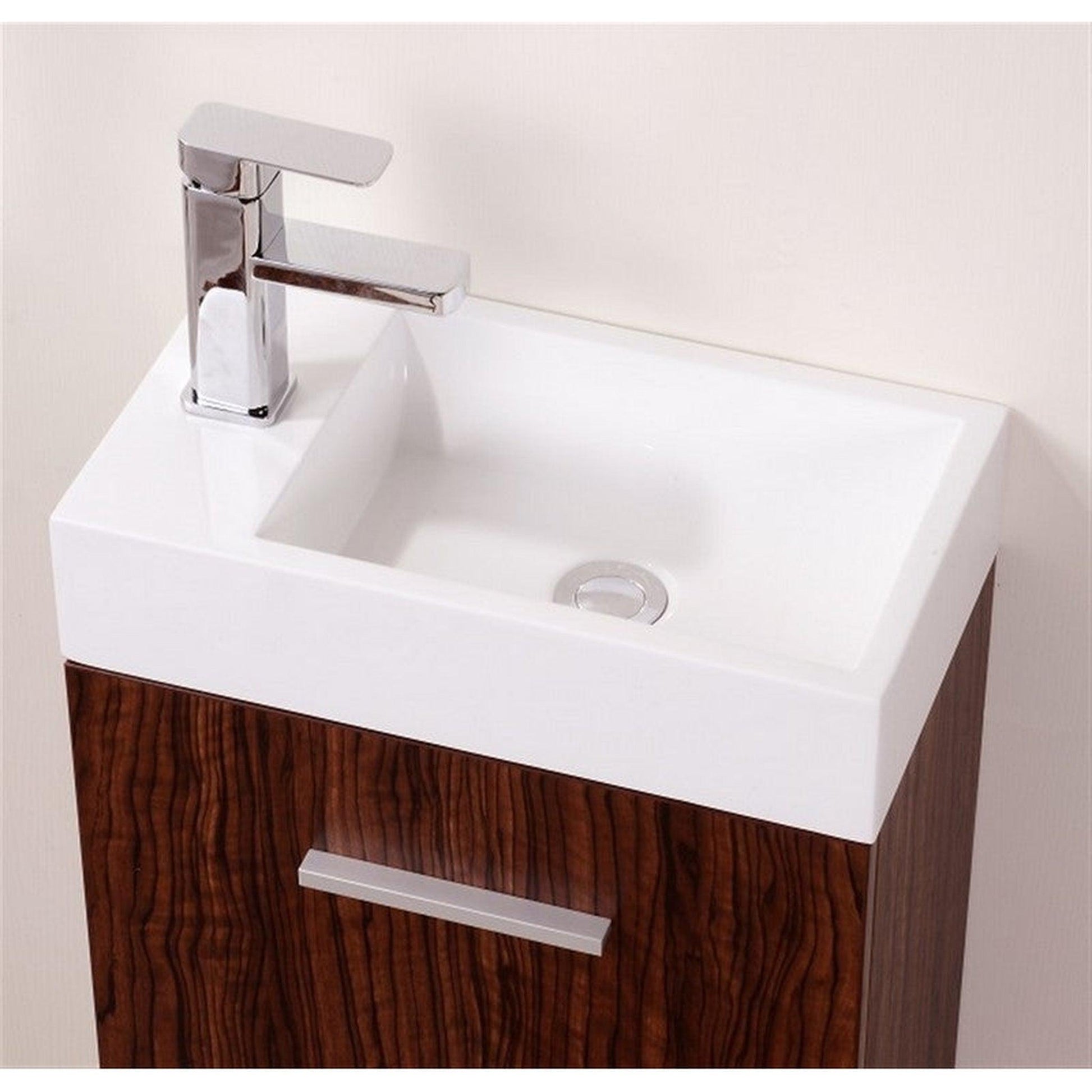 KubeBath Bliss 18" Walnut Wall-Mounted Modern Bathroom Vanity With Single Integrated Acrylic Sink With Overflow and 22" Wood Framed Mirror With Shelf