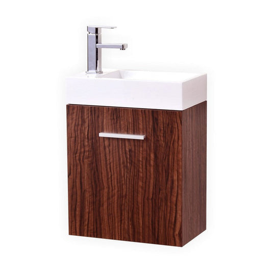 KubeBath Bliss 18" Walnut Wall-Mounted Modern Bathroom Vanity With Single Integrated Acrylic Sink With Overflow and 22" Wood Framed Mirror With Shelf