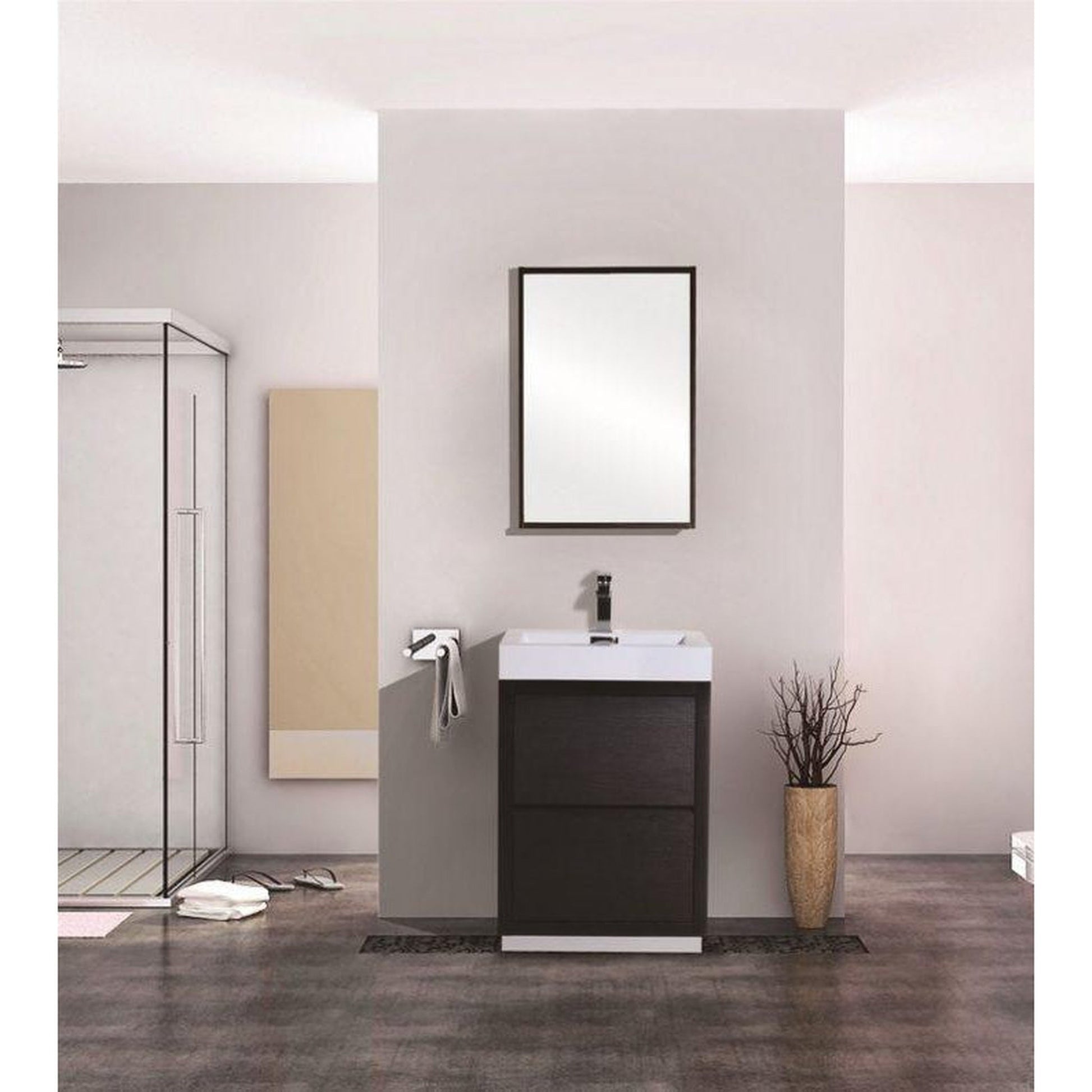 KubeBath Bliss 24" Black Freestanding Modern Bathroom Vanity With Single Integrated Acrylic Sink With Overflow and 22" Black Framed Mirror With Shelf