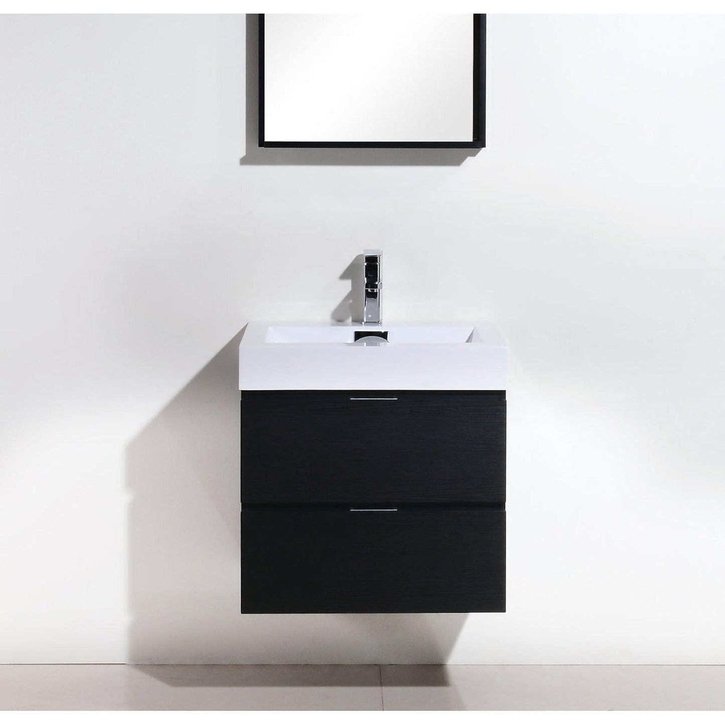 KubeBath Bliss 24" Black Wall-Mounted Modern Bathroom Vanity With Single Integrated Acrylic Sink With Overflow and 22" Black Framed Mirror With Shelf