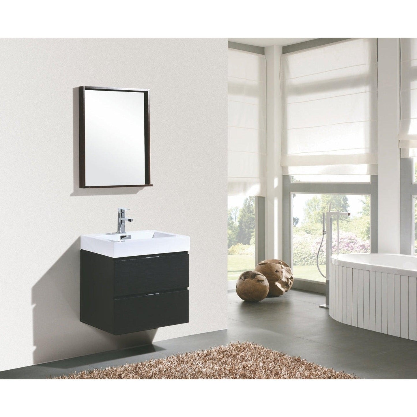 KubeBath Bliss 24" Black Wall-Mounted Modern Bathroom Vanity With Single Integrated Acrylic Sink With Overflow and 22" Black Framed Mirror With Shelf