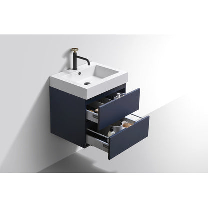 KubeBath Bliss 24" Blue Wall-Mounted Modern Bathroom Vanity With Single Integrated Acrylic Sink With Overflow